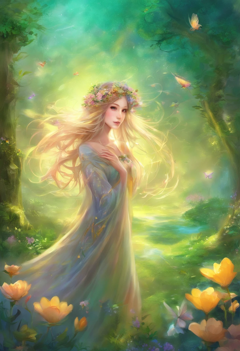 Spring has just begun，The background is a flower that has not bloomed，Yellow-green predominantly，golondrinas，The middle shoots are the main body，Green meadow，Chinese fairies