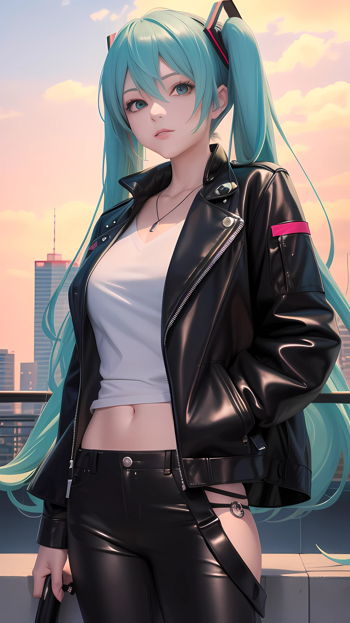 Matured, Hatsune Miku, black leather jacket posing for a picture, anime style 4k, digital anime art, anime art, badass anime 8k