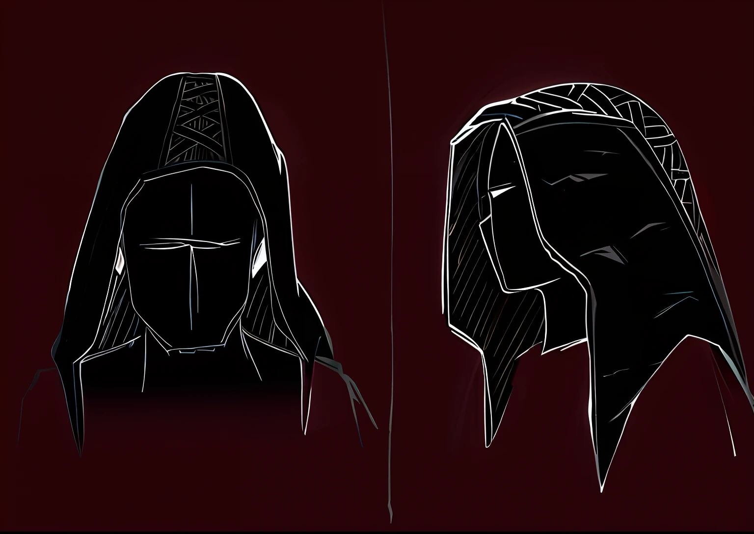 A painting of two women wearing hats, Wear a pointed hat, pointed hoods, wearing a hood with pointy ears, clean anime outlines, delicated face，Side face Full body and head view, thick outline, hood and cape, wearing hood, heavy outline, hat and hoodie, line work concept art, concept headshot art, full - body and head view，Wasteland punk style，Black，Dark tones，Black hood，strappy，There are straps on the hood