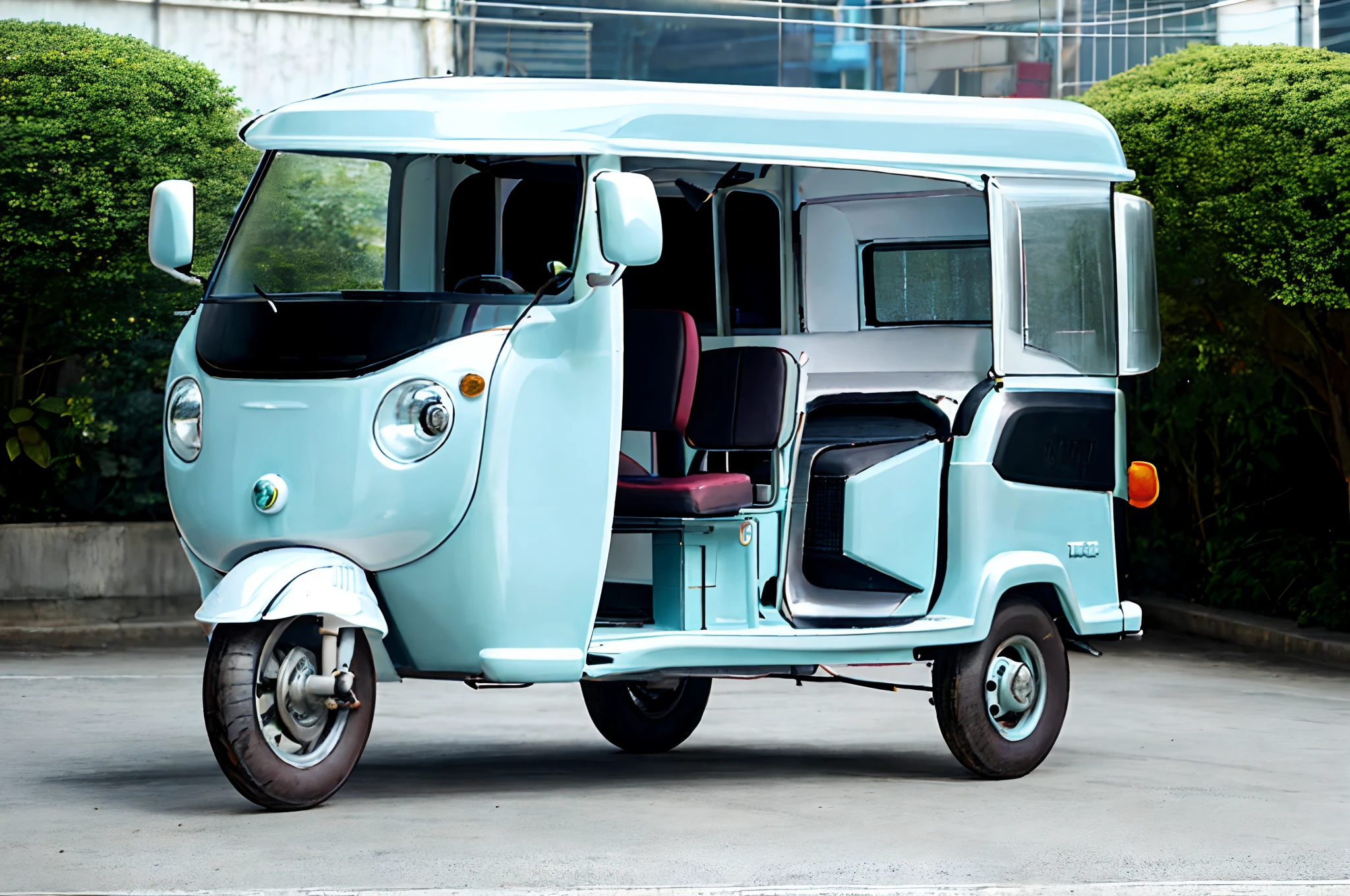 Three-wheeled tuk-tuk,White car paint shape,Rich shapes,Overall roundness,Drive on the streets of Cambodia。