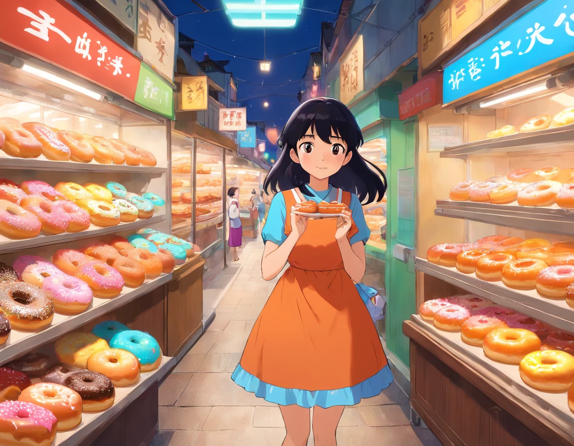 Girl, selling donuts, black hair, wearing colorful dress