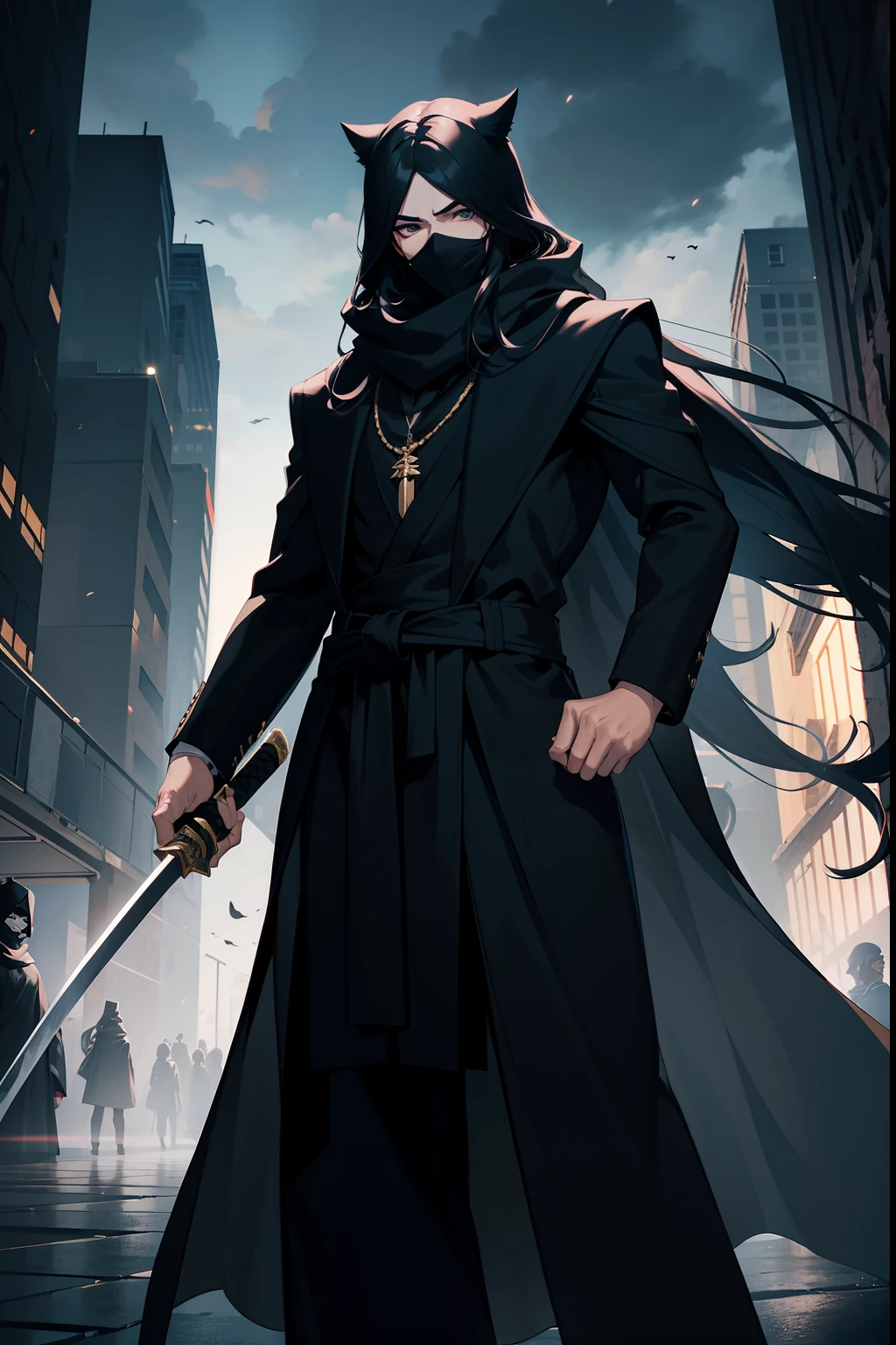 male character,man Black mask covering mouth, (long, wavy hair),(black hair),(((black mask))),(heavy black scarf),(gas condition),(((black overcoat))) ,(night moonlight),(tanned skin tone),(holding a katana),(floor),(spectators),(bright environment),(fighting move),hand-drawn anime style, dynamic, full length, animation quality, ANIME icon, looking at face camera, 8k, full length, best background, masterpiece, awesome titles, ultra hd |, insane title , perfect hands