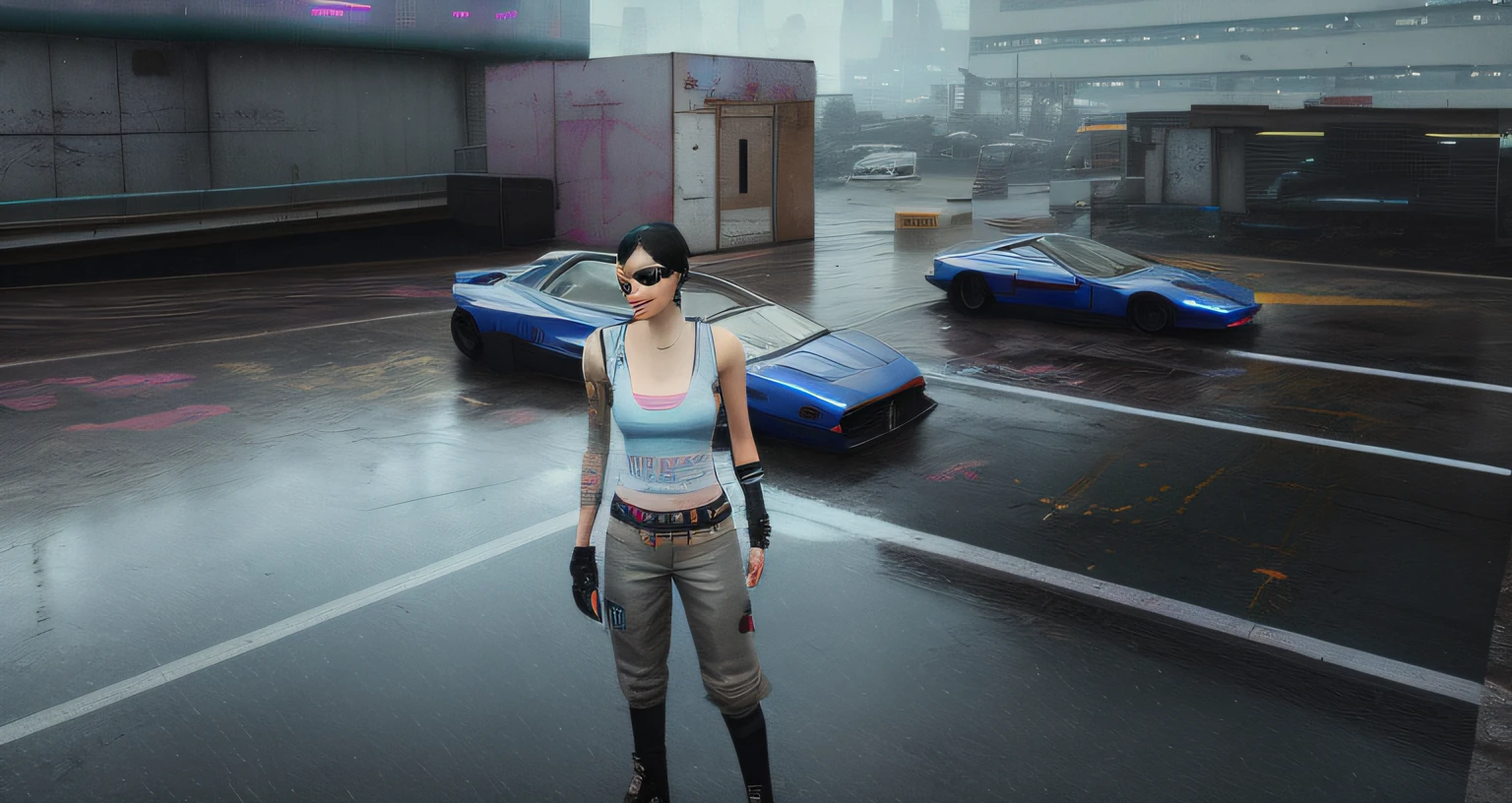 There was a beautiful woman standing in the parking lot,There is a car, gta character, gta 6 style, style of gta v, as a character from gtav, Cyberpunk 2 0 y. o model girl, rainy days. game render, GTA V style, GTA V street style, heroines, GTA5 style, as the protagonist of gta 5, Hyper-realistic cyberpunk style