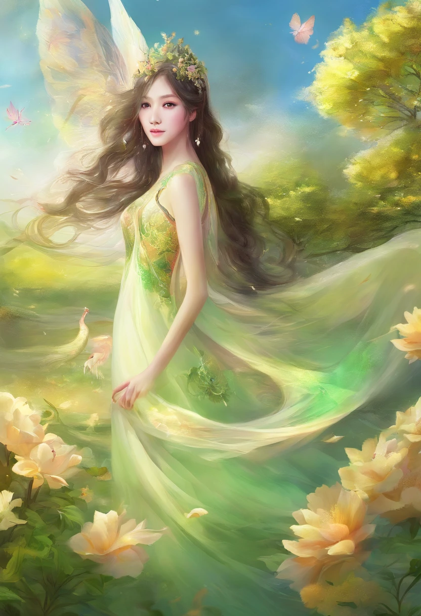 Spring has just begun,The background is a flower that has not bloomed,Yellow-green predominantly,golondrinas,The middle shoots are the main body,Green meadow,Wearing Chinese Han Dynasty costumes,Chinese fairy with loose black hair