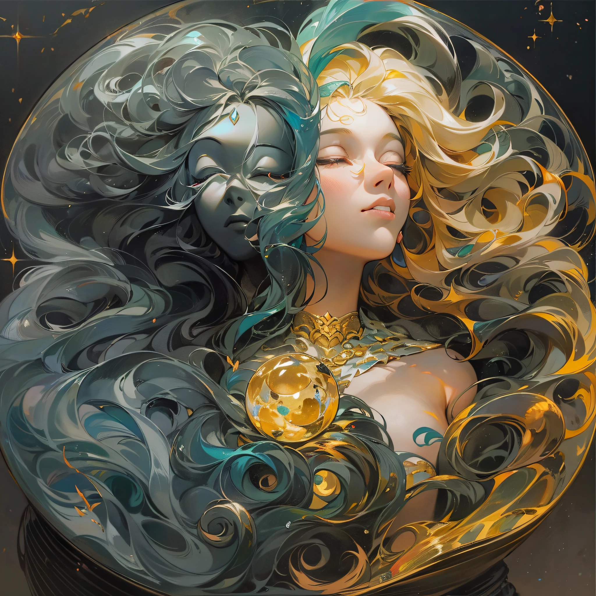 A pintura gerada pela IA do Sea Art retrata uma imagem fascinante de yin yang, (max quality, design requintado, best ilumination, melhor sombreamento), statue of 2 mermaids in the form of Yin Yang, dentro de uma bola de cristal, sob a lua e o sol, bringing to life the harmony and interconnectedness of opposing forces and duality; (Sol e a Lua), (Claro e escuro), (Positivo e negativo), (masculino e feminino). Detalhes detalhados e realistas, intrincado, carved in purple and yellow marble, brilhando com luar e luz solar, A perfect balance between light and dark, mystical and serene. Dentro de uma bola de cristal, dividido em duas metades: uma negra, representando o yin, e outra branca, simbolizando o yang. The black color is deep and mysterious, evoking a sense of introspection and calm. This half of the image suggests the feminine principle, com sua energia receptiva e intuitiva. The yang half is represented by firmer, linhas mais angulares, conveying a sense of dynamism and strength. A cor branca brilhante irradia luz e energia, expressing the masculine principle of action and extroversion. These details symbolize the mutual presence of opposing elements in each aspect. While yin contains a small point of yang, Yang also contains a small point of yin, creating a dynamic and harmonious balance. Essa pintura gerada pela IA do Sea Art transmite uma mensagem profunda sobre a dualidade do universo.