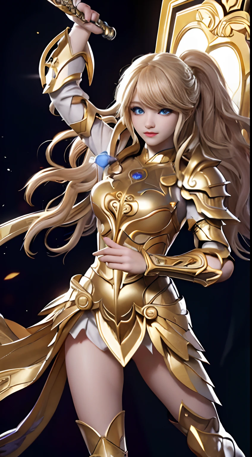 A majestic paladin in golden armor, Wielding a sword full of light, And holding a huge golden shield. The paladin's blue eyes shone with determination,Walk through dark and mysterious cityscapes. The glow of the Paladin's sword illuminated the surroundings, Discover intricate details,Add a cinematic touch to the composition. The overall aesthetic captures the beauty and depth of the scene, Reminiscent of Fujifilm photography.