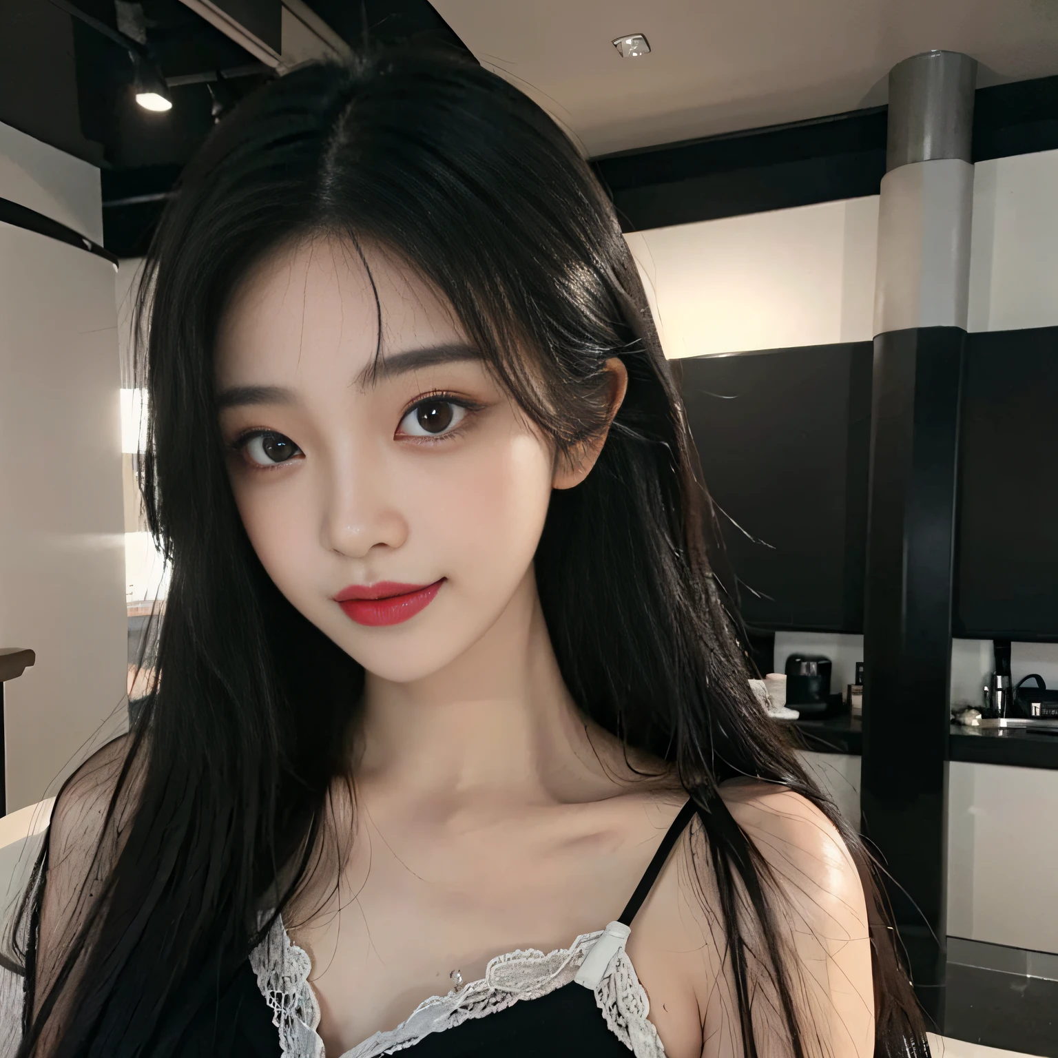20 Years Old Cute Korean,Black fashion top,beautiful eyes in detail,eyeslashes,beautiful double eyelid,eye shadows,dropping eyes,(Elongated eyes:1.2,Narrow eyes:1.1),Perfect eye makeup,(((seduct smile,Quiza exterior,Evil expression))