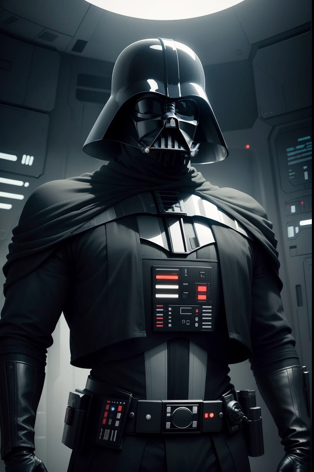 Um retrato sombrio do darth vader, he's standing, and is in a spaceship, olhando pro lado com detalhes futuristas, ao fundo planetas e naves espaciais, estilo ficcional, 4k, artistic work