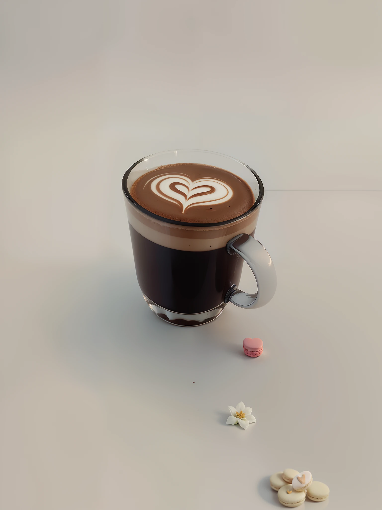 Art Latte using a little heart and a flower, followed by a small macaron on the left side accompanied by a piece of chocolate cake