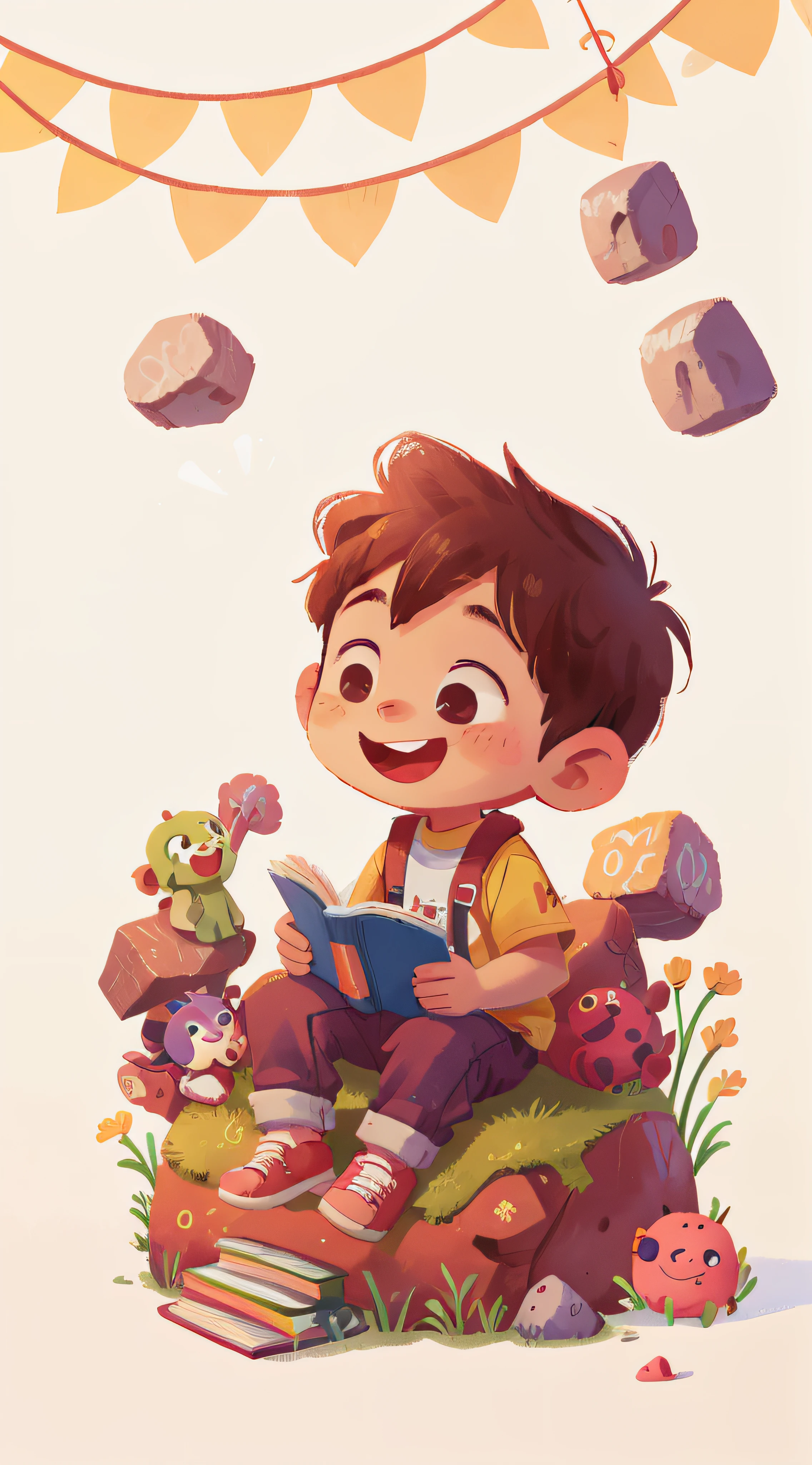 1 year old boy, sitting next to the big letters, stone letters, white background, smile, reading book