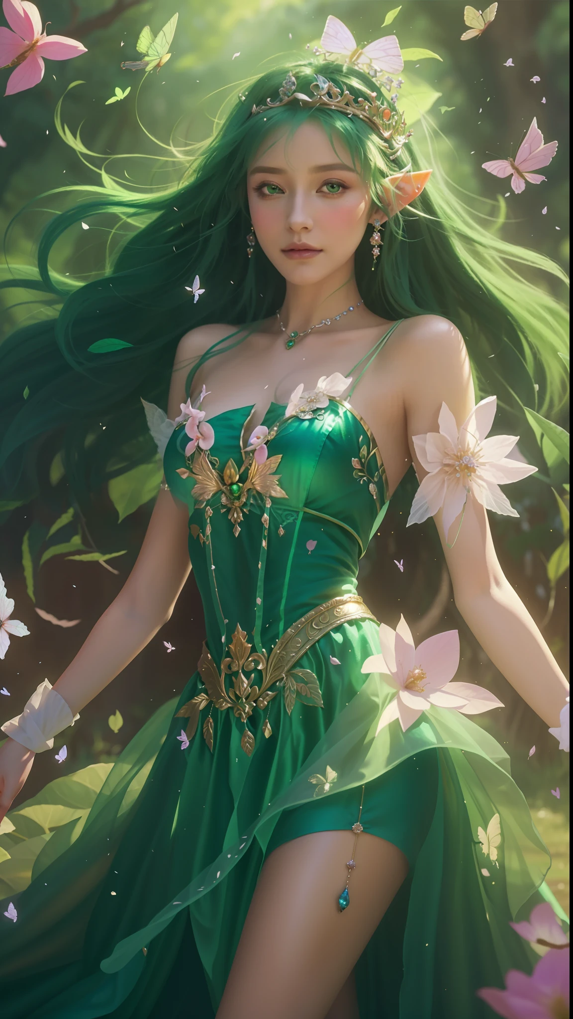 A woman in a green dress,Butterflies fluttered around her, Beautiful character painting, Fantasy art style, beautiful fantasy art, beautiful and elegant elf queen, a beautiful fantasy empress, ((a beautiful fantasy empress)), art-style, spring goddess, beautiful fantasy maiden, alluring elf princess knight, Extremely detailed Artgerm, very beautiful fantasy art