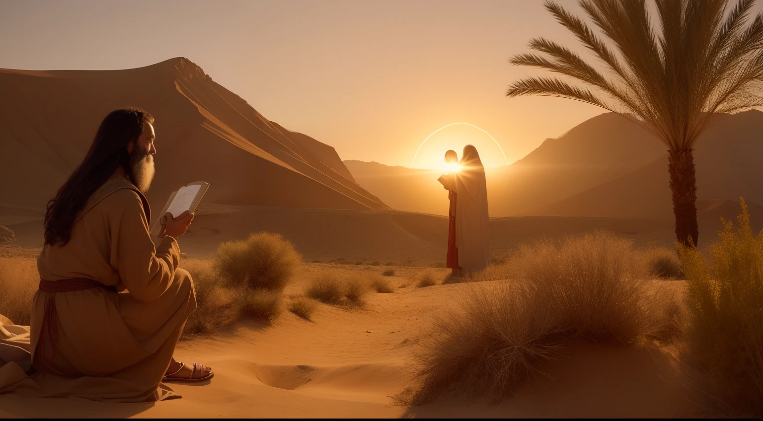 introduction:
An image of Moses with a backdrop in the desert, highlighting its importance in biblical history.
Depiction of an artist of God speaking to Moses at the burning bush.