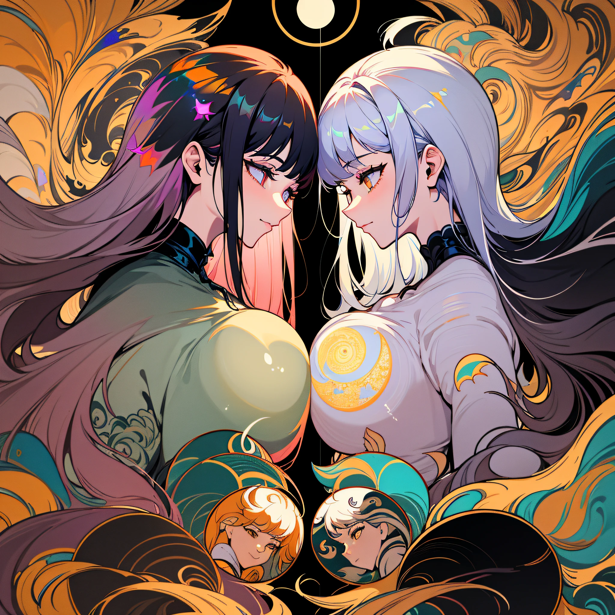 tmasterpiece，best qualtiy，Two men and two women, One of the women was pregnant with four people staring at the belly of a pregnant woman with side lights，lens flare glow，Ray traching，Sharp focus，Wearing Hanfu，