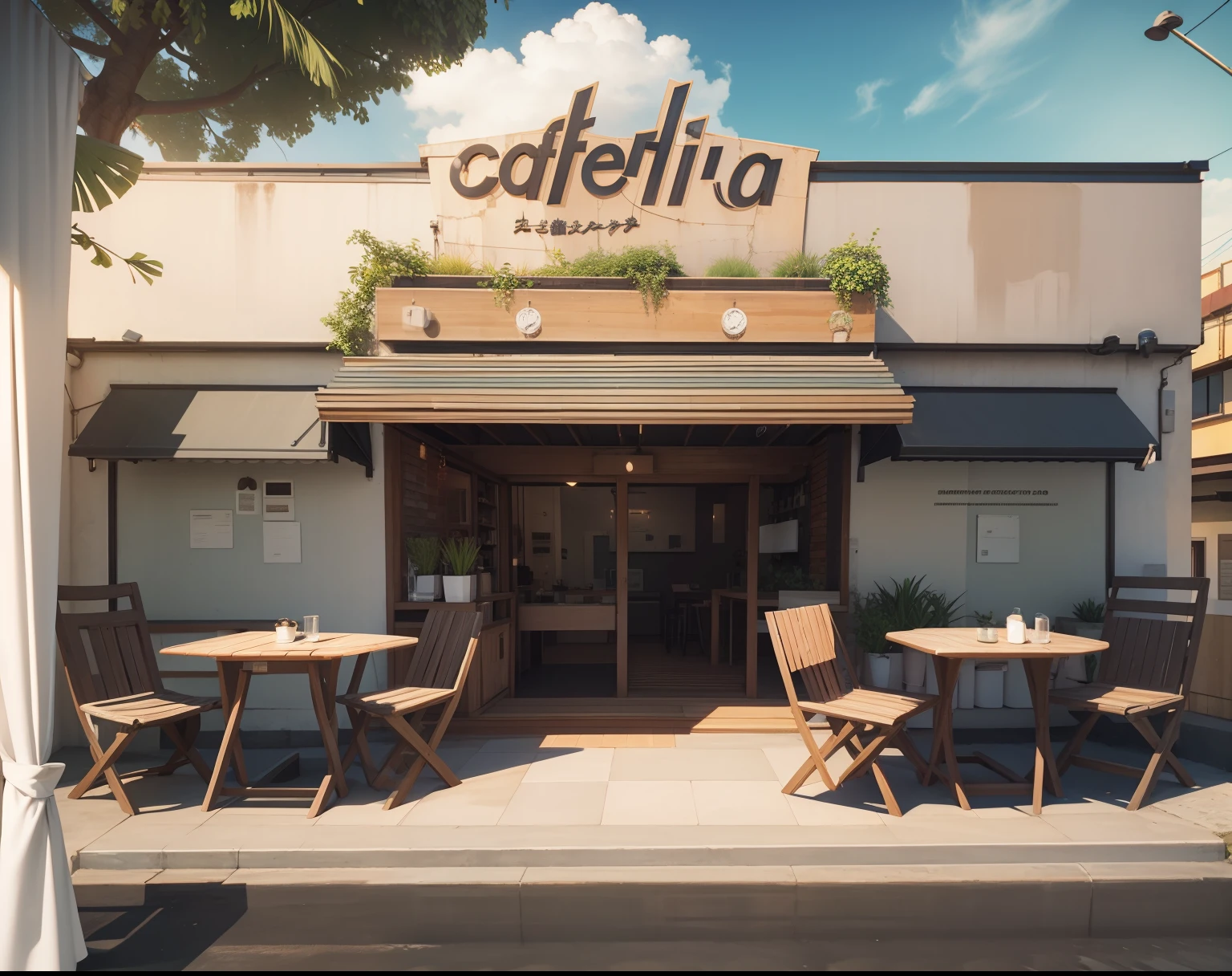 cafetria, fachada, vegetation, fronview, Realistic 3D illustration, luz do sol
