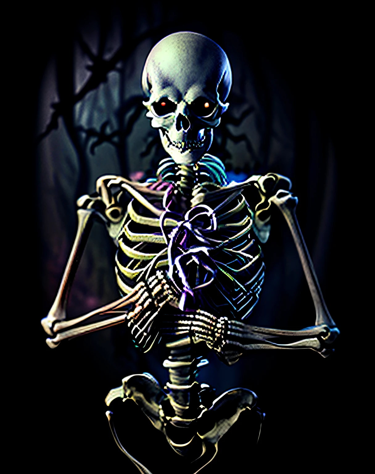 A skeleton with a heart in his chest, skelleton, skeletal with extra flesh, Skeleton, Love and death, ( ( ( Skeleton ) ) ), skeleton warrior, skeleton corpse, gothic harts, Self-death, dmt ego death, skeleton, spiritual eerie creepy picture, real heart, Fleshy skeleton,Sugar skeletons,fond violet,high high quality