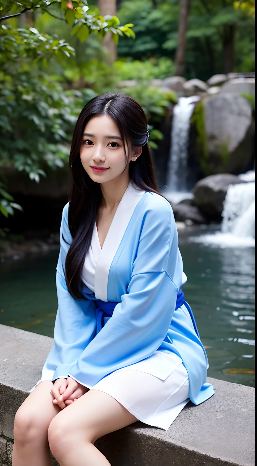 1 rapariga， long whitr hair， brown_Eyes， Black hair， build， Manteau， 耳Nipple Ring，White blue-trimmed yukata ， cparted lips，ssmile， sat on the ground，looking at viewert， waterfallr，Chinese style buildings，in fall， 独奏， Bring your arms together， Ears come out，Detailed_Eyes， face in golden proportions， The body of the golden ratio， best qualtiy，hyper HD，facing at the camera，The body is centered
