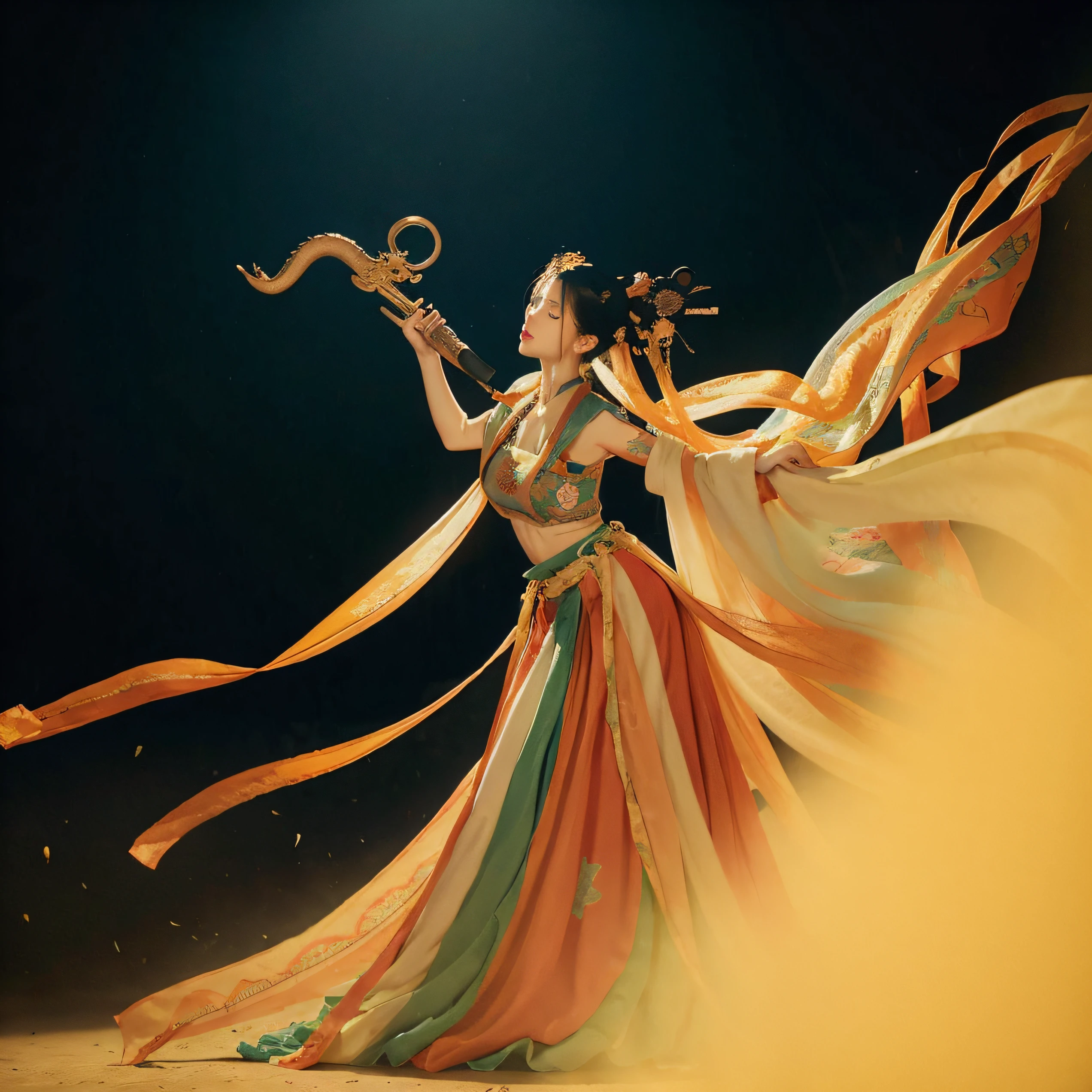 masterpiece, traditional chinese ink painting, 1 girl, long hair, look at viewer, tease, Spirit, loong, dunhuang_style, dunhuang_cloths, UHD Dragon horn, A dragon is flying, 4k, best quality, super detail, award winning, high quality, best quality, high details