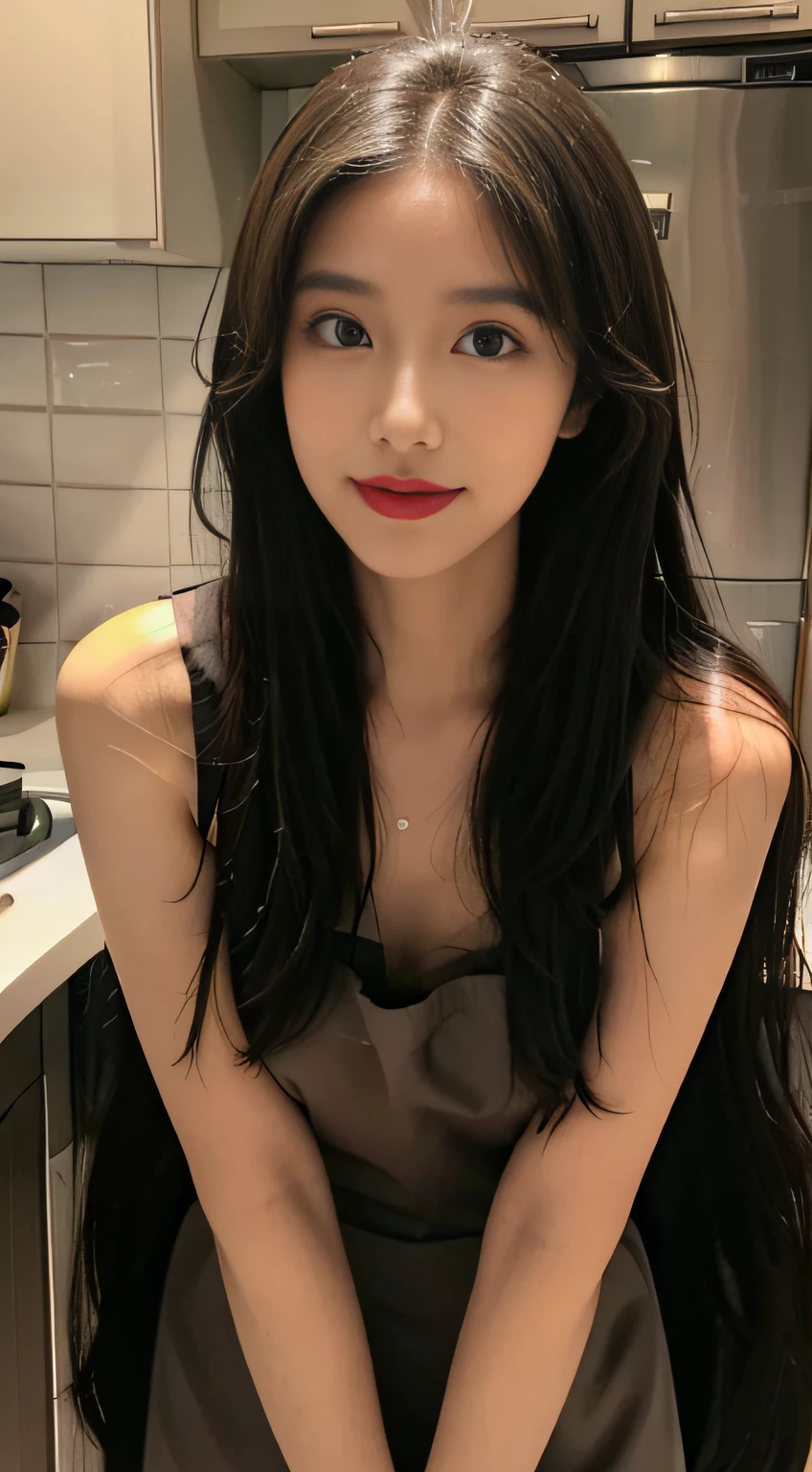 ((best qualtiy, 8K, tmasterpiece:1.3)), Beautiful post-80s middle-aged mother，Full body photo，Pure，Melon seed face，gentle and cute，A sweet smile，Pure desire，Thin stature，(frontage)，staring right into camera，uniform, Obi, formal，Black silky long, Straight hair，Long hair flowing over the shoulders，round black big eyes，Clear big eyes，Hydrated red lips，Sweet Royal，Stand in the kitchen，The kitchen was clean and tidy，Wear an apron，