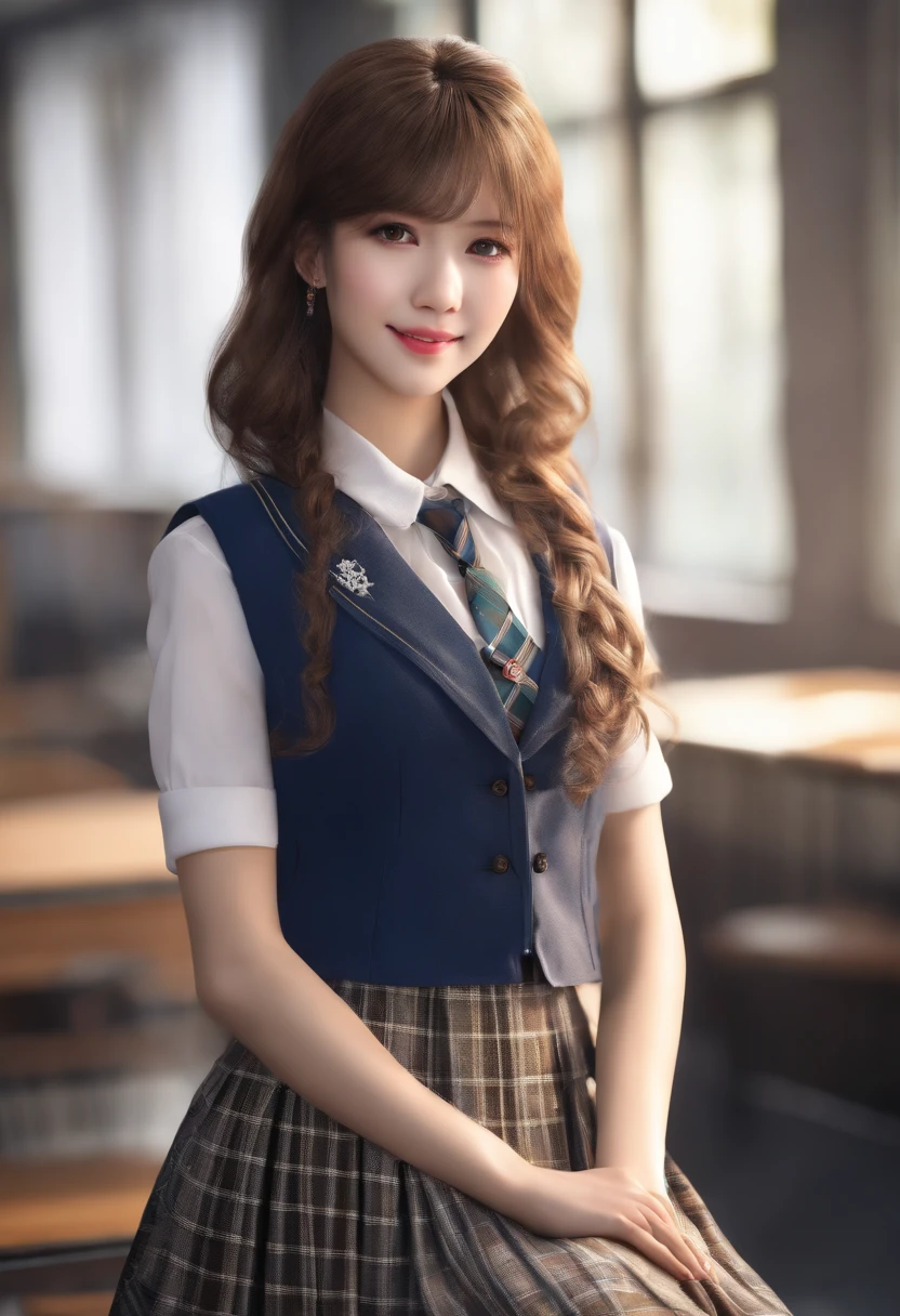(((medium hair))), best quality, 8K, HDR, highres, absurdres:1.2, blurry background, bokeh:1.2, Photography, (RAW photo:1.2), (photorealistic:1.4), (masterpiece:1.3), (intricate details:1.2), 1girl, solo, japanese girl, delicate, beautiful detailed, (detailed eyes), (detailed facial features), petite, (((small breasts))), skin tight, (looking_at_viewer), from_front, (skinny), (best quality:1.4), (ultra highres:1.2), cinema light, (extreme detailed illustration), (lipgloss, best quality, ultra highres, depth of field, caustics, Broad lighting, natural shading, 85mm, f/1.4, ISO 200, 1/160s:0.75),1girl, solo, (((blue vest))) smile, ((school uniform, pleated skirt with checker pattern, classroom))