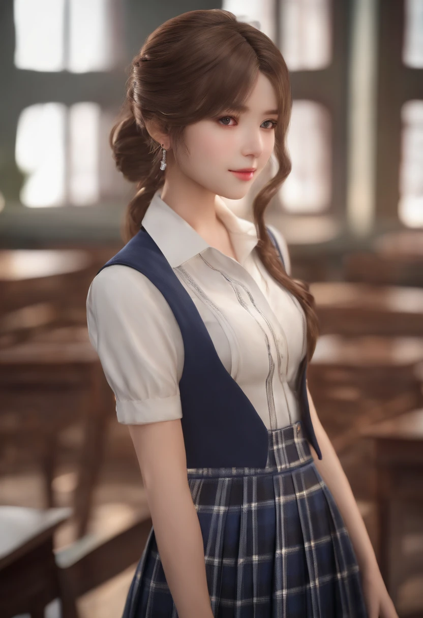 (((medium hair))), best quality, 8K, HDR, highres, absurdres:1.2, blurry background, bokeh:1.2, Photography, (RAW photo:1.2), (photorealistic:1.4), (masterpiece:1.3), (intricate details:1.2), 1girl, solo, japanese girl, delicate, beautiful detailed, (detailed eyes), (detailed facial features), petite, (((small breasts))), skin tight, (looking_at_viewer), from_front, (skinny), (best quality:1.4), (ultra highres:1.2), cinema light, (extreme detailed illustration), (lipgloss, best quality, ultra highres, depth of field, caustics, Broad lighting, natural shading, 85mm, f/1.4, ISO 200, 1/160s:0.75),1girl, solo, (((blue vest))) smile, ((school uniform, pleated skirt with checker pattern, classroom))