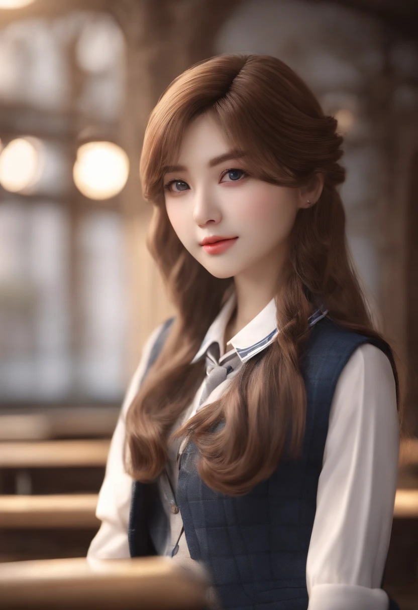 (((medium hair))), best quality, 8K, HDR, highres, absurdres:1.2, blurry background, bokeh:1.2, Photography, (RAW photo:1.2), (photorealistic:1.4), (masterpiece:1.3), (intricate details:1.2), 1girl, solo, japanese girl, delicate, beautiful detailed, (detailed eyes), (detailed facial features), petite, (((small breasts))), skin tight, (looking_at_viewer), from_front, (skinny), (best quality:1.4), (ultra highres:1.2), cinema light, (extreme detailed illustration), (lipgloss, best quality, ultra highres, depth of field, caustics, Broad lighting, natural shading, 85mm, f/1.4, ISO 200, 1/160s:0.75),1girl, solo, (((blue vest))) smile, ((school uniform, pleated skirt with checker pattern, classroom))