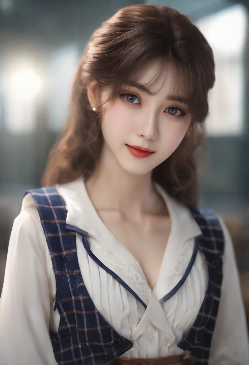(((medium hair))), best quality, 8K, HDR, highres, absurdres:1.2, blurry background, bokeh:1.2, Photography, (RAW photo:1.2), (photorealistic:1.4), (masterpiece:1.3), (intricate details:1.2), 1girl, solo, japanese girl, delicate, beautiful detailed, (detailed eyes), (detailed facial features), petite, (((small breasts))), skin tight, (looking_at_viewer), from_front, (skinny), (best quality:1.4), (ultra highres:1.2), cinema light, (extreme detailed illustration), (lipgloss, best quality, ultra highres, depth of field, caustics, Broad lighting, natural shading, 85mm, f/1.4, ISO 200, 1/160s:0.75),1girl, solo, (((blue vest))) smile, ((school uniform, pleated skirt with checker pattern, classroom))