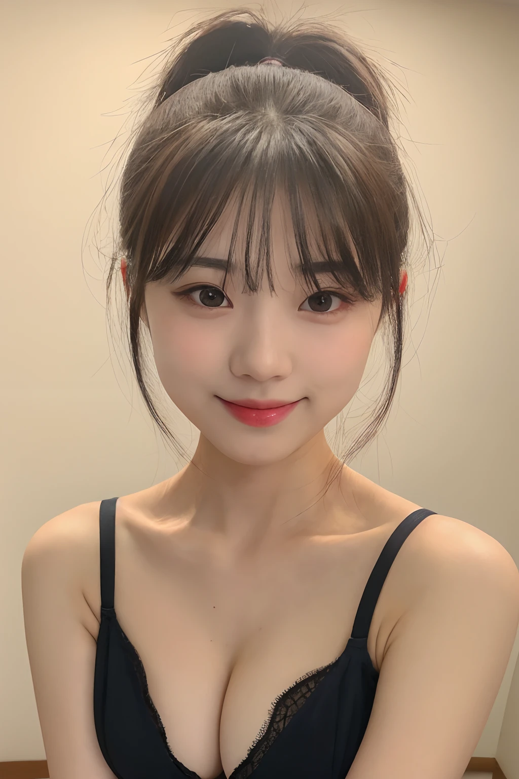 (RAW photo, Best quality), (Realistic, photo-realistic:1.3), Best quality ,Masterpiece, An extremely delicate and beautiful, Extremely detailed ,CG ,Unity ,8K wallpaper, Amazing, finedetail, Masterpiece,Best quality, Extremely detailed Cg Unity 8K wallpaper,absurderes, unbelievable Ridiculous, hugefilesize , Ultra-detailed, A high resolution, Extremely detailed, IU,Asymmetrical bangs,short length bangs,bangs,PureErosFace_V1,Beautiful detailed girl, (Smile:1), smiley_Eyes,Extremely detailed eyes and face, Beautiful detailed eyes, light in face,view the viewer, straight-on, Staring, Pout,kiss,Black hair,Short hair, (short_pony tails:1.1), 鎖骨, Bare shoulders,Sexy lingerie,cleavage,Childlike big breasts,fully body photo,huge tit,seductiv,Taste