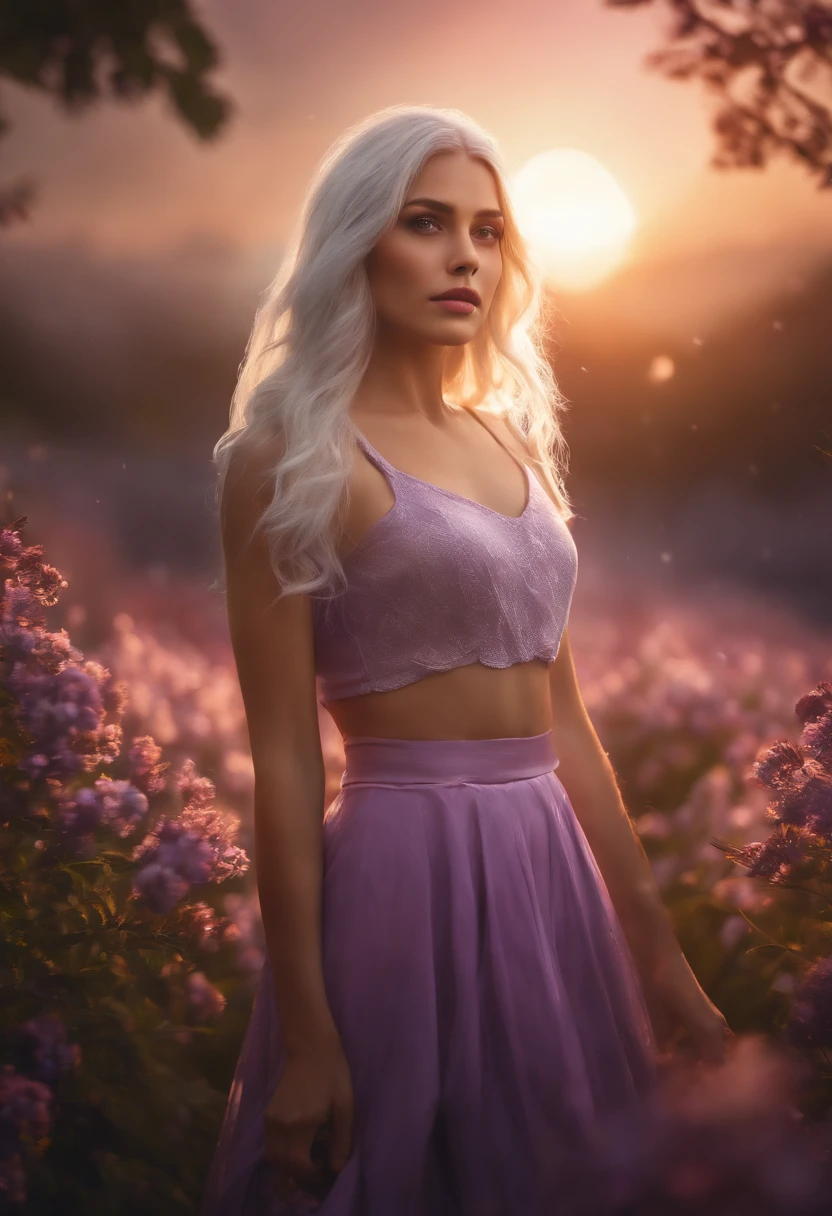 Best quality,masterpiece,ultra high res,photorealistic,raw photo,unity 8k wallpaper,
realistic, 1girl, white hair, purple eyes, glowing eyes, crop top, skirt, parted lips, blush, night, flowers, sun, sunlight
