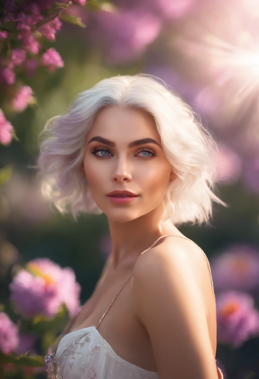 Best quality,masterpiece,ultra high res,photorealistic,raw photo,unity 8k wallpaper,
realistic, 1girl, white hair, purple eyes, glowing eyes, crop top, skirt, parted lips, blush, night, flowers, sun, sunlight