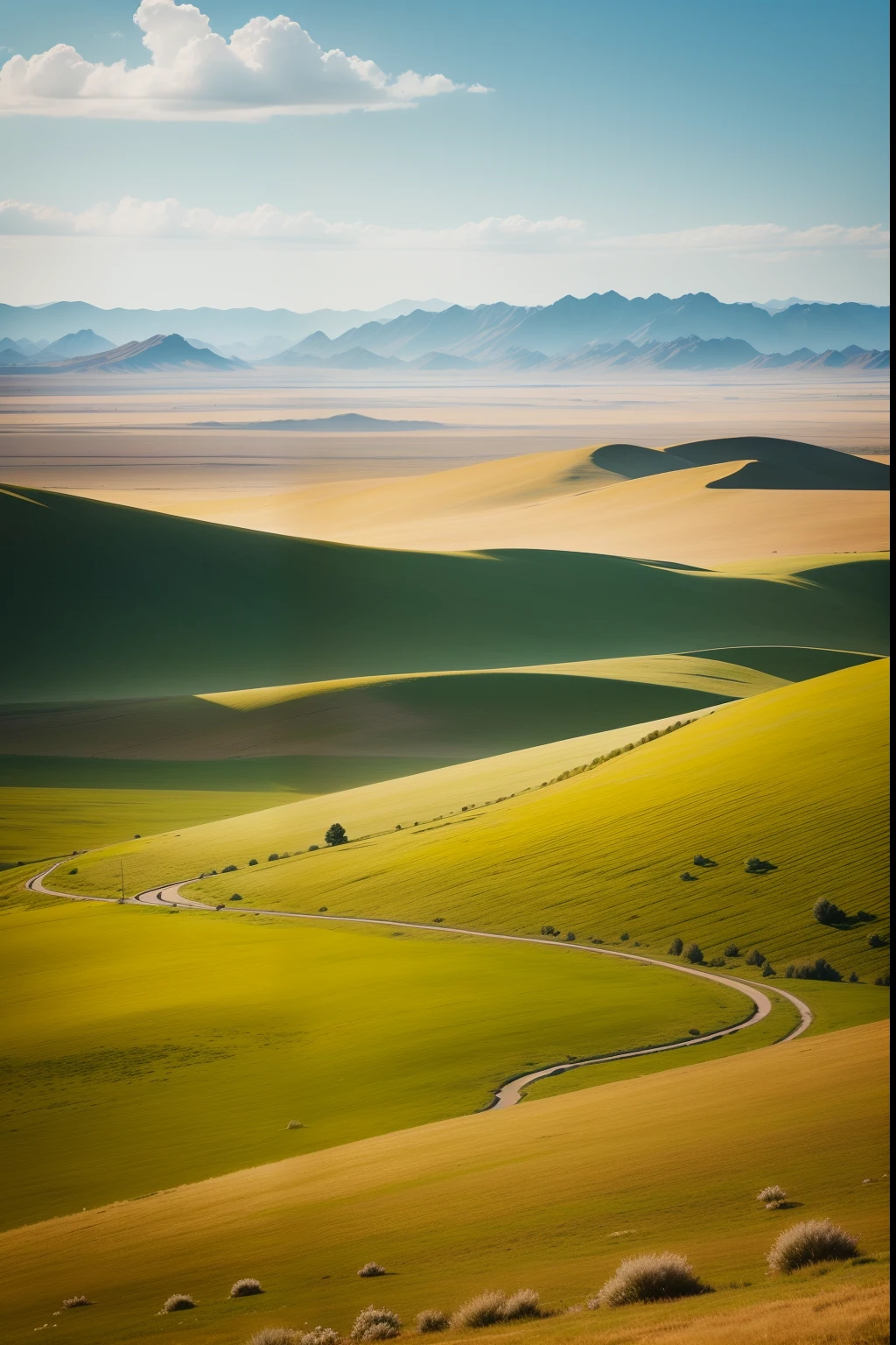 A photo of a beautiful steppe，In the lower right corner there is a background of a woman traveling in the lower right corner