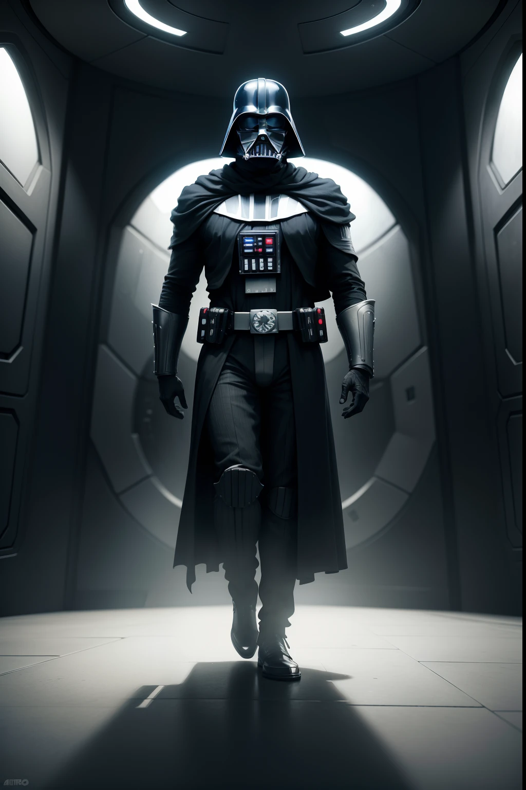 Um retrato sombrio do darth vader, he's standing, and is in a spaceship, olhando pro lado, com detalhes futuristas, ao fundo planetas e naves espaciais, uma janela na nave mostrando o fundo estilo ficcional, 4k, artistic work
