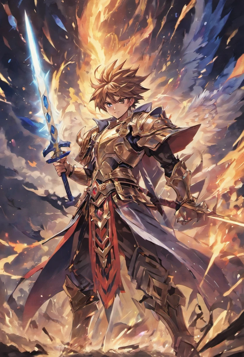 Anime drawing of a knight with a sword and thunder on his back, Thunderbolt summons armor, Dragon Knight,A ruler who looks down at the sky, the god of chaos, electrical arcs, the sky with clouds, The legendary god holds a giant hammer, Multiple types of lightning, A divine beast that looks dazzling, beautiful male god of death, yugioh art style, drachenlord,Look to the right