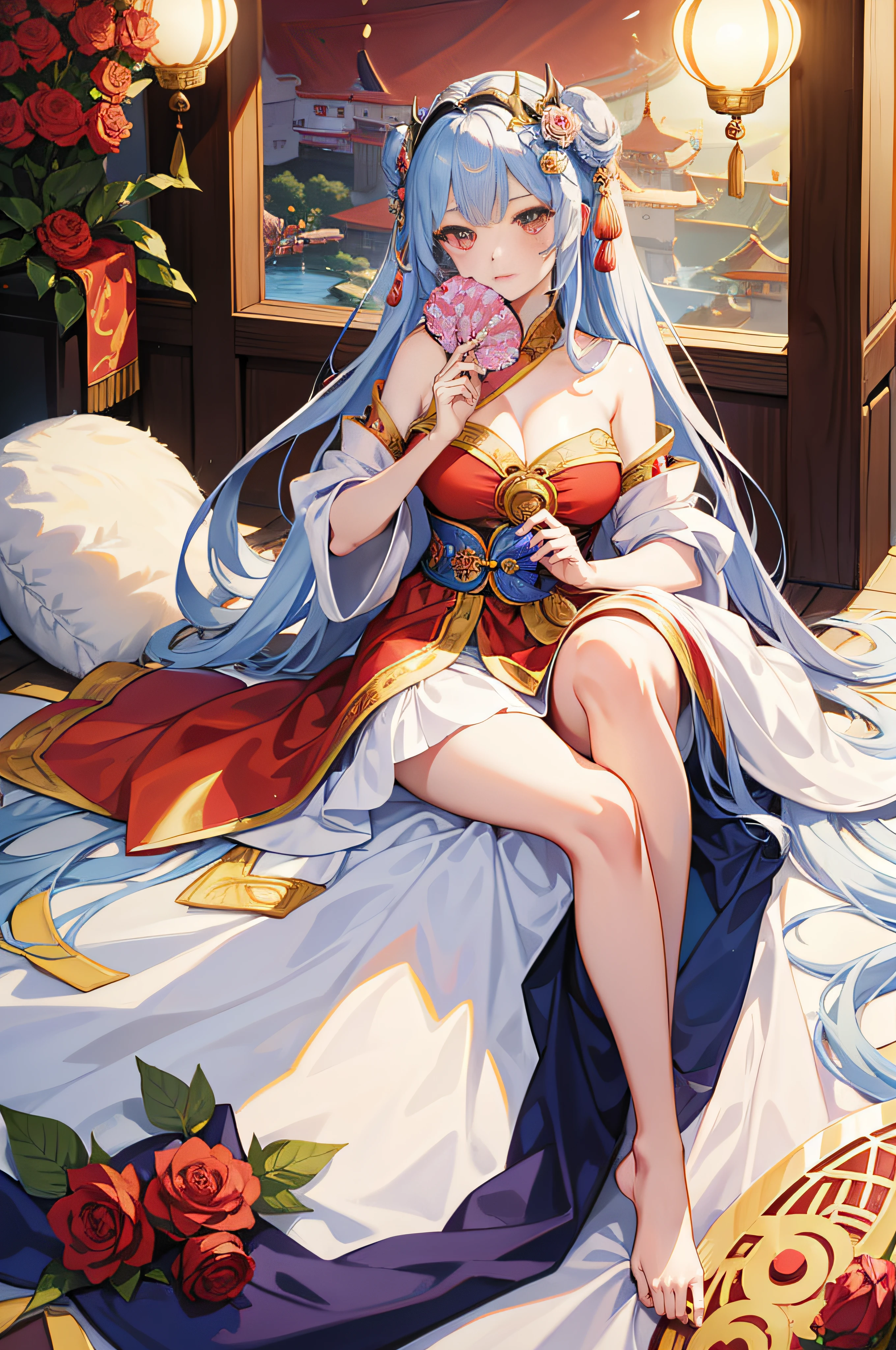 Anime girl with fan and rose in her hair, China Princess, a beautiful fantasy empress, inspired by Park Hua, inspired by Du Qiong, Princesa chinesa antiga, Anime goddess, Inspired by Lan Ying, inspired by Ju Lian, bian lian, chinese empress, inspired by Li Mei-shu, Yun Ling, sakimi chan, Inspired by Li Tang