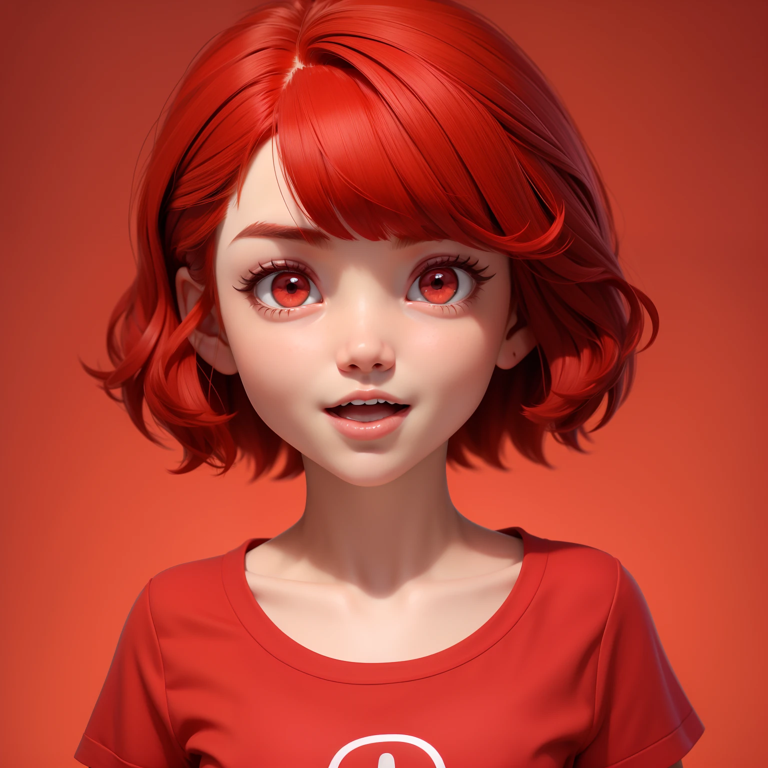 little girl with red hair, red eyes, beautiful face, short hair with bangs, wearing red clothes,a full red color t-shirt, beautiful face, talking whit mouth open, happy expression  white background, style of a Disney Pixar cartoon