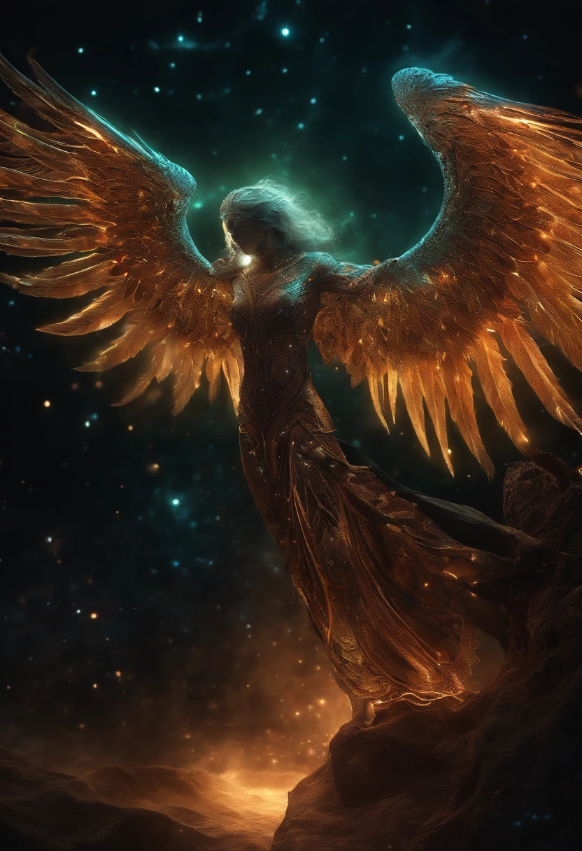 Cosmic Fallen Angel, glowing light eyes, Biomechanical, eerie, Creepy, nightmarish, Very bright colors, Light particles, with light glowing, Mshiv, wallpaper art, UHD wallpaper