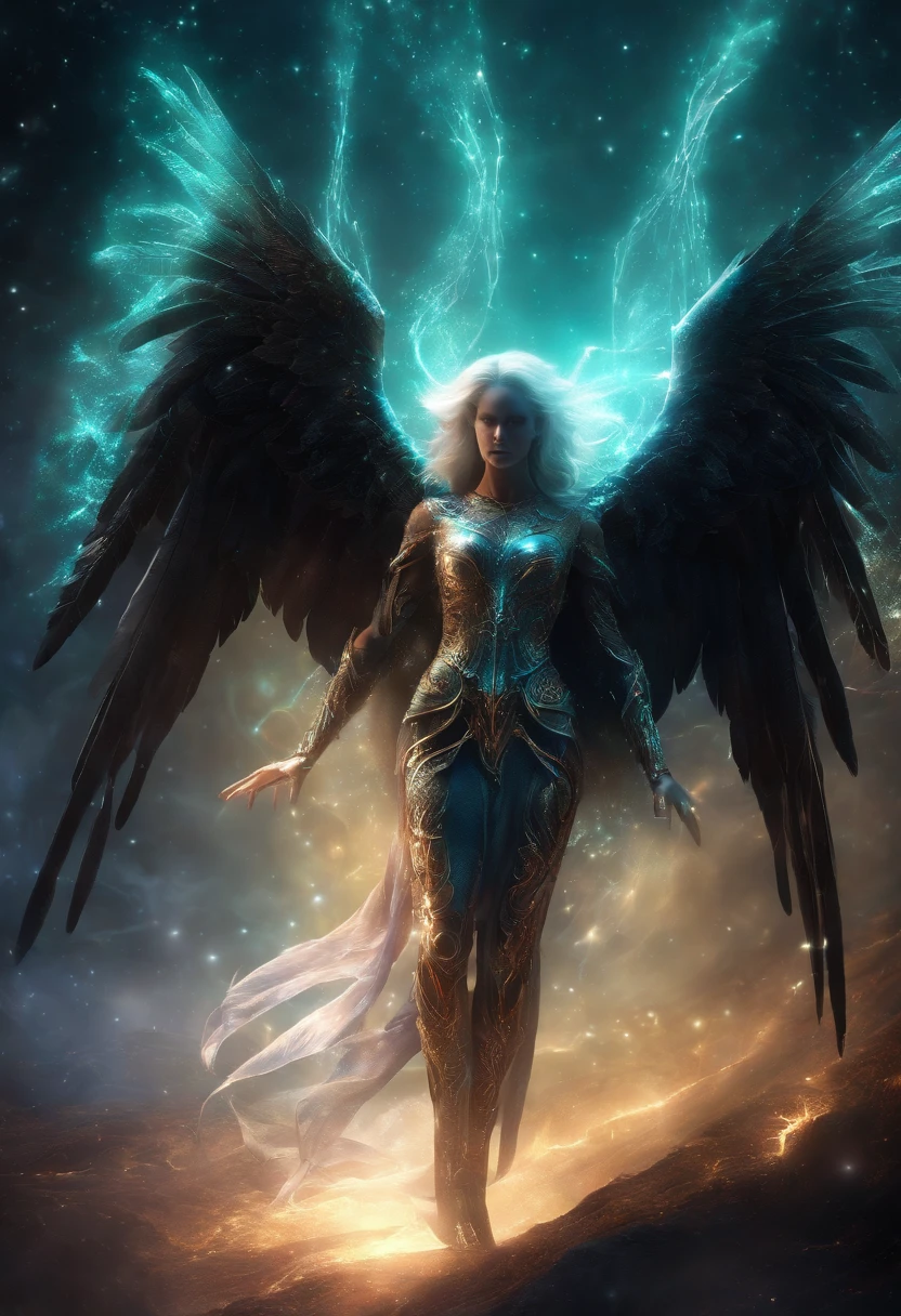 Cosmic Fallen Angel, glowing light eyes, Biomechanical, eerie, Creepy, nightmarish, Very bright colors, Light particles, with light glowing, Mshiv, wallpaper art, UHD wallpaper
