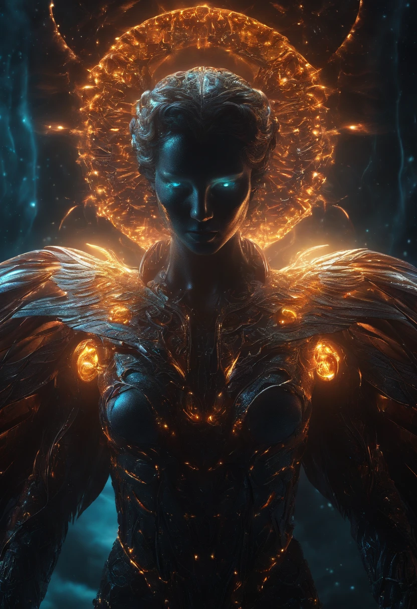 Cosmic Fallen Angel, glowing light eyes, Biomechanical, eerie, Creepy, nightmarish, Very bright colors, Light particles, with light glowing, Mshiv, wallpaper art, UHD wallpaper