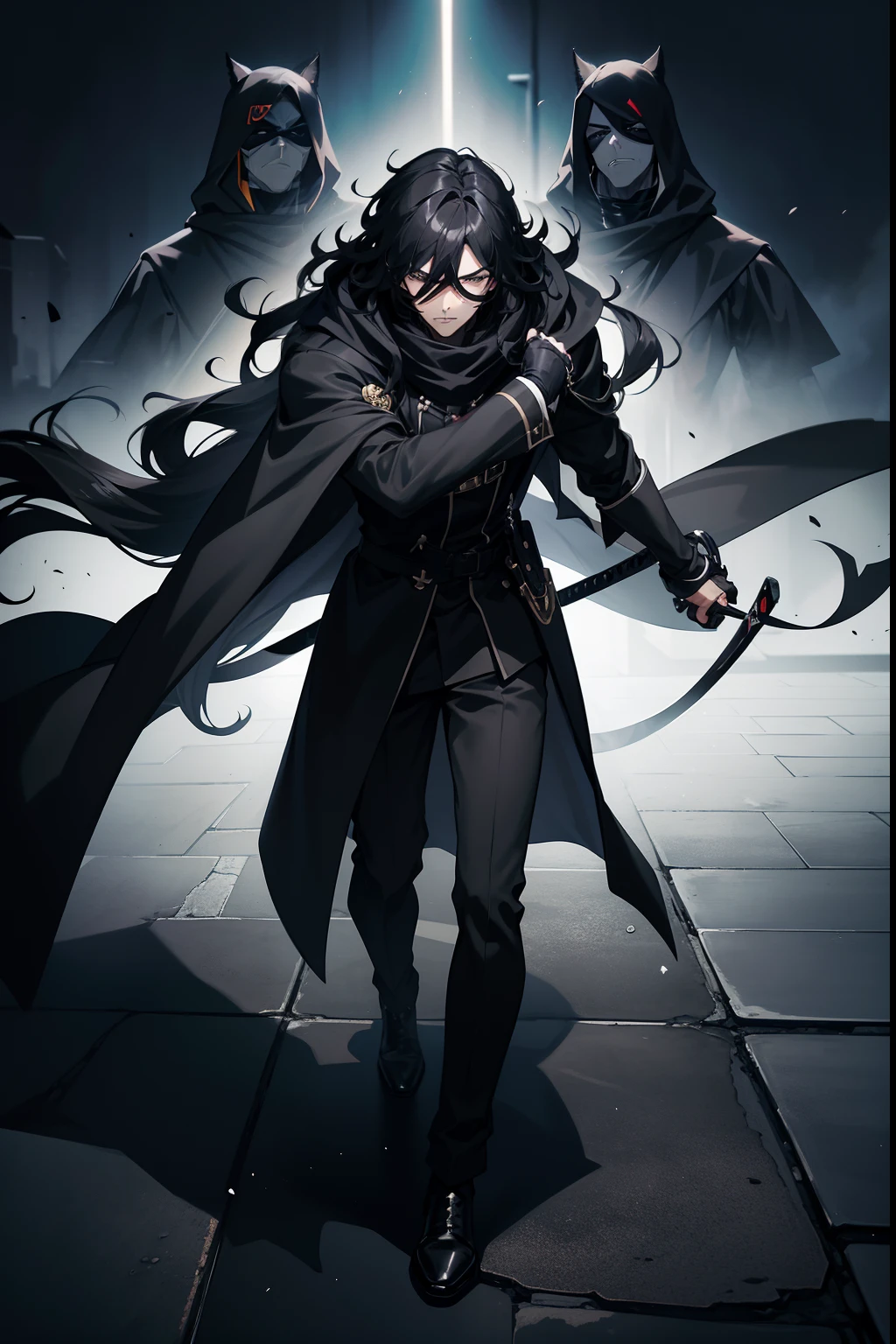anime style, male anime character, man Black mask covering mouth, (long wavy hair), (black hair), (((black mask))),(heavy black scarf),(gas condition),(( (black overcoat))) , (night moonlight),(tanned skin tone),(holding a katana),(floor),(spectators),(fighting move),hand-drawn anime style, dynamic, full length, animation quality, ANIME icon, looking at camera face, 8k, full length, best background, masterpiece, awesome titles, ultra hd|, insane title, perfect hands