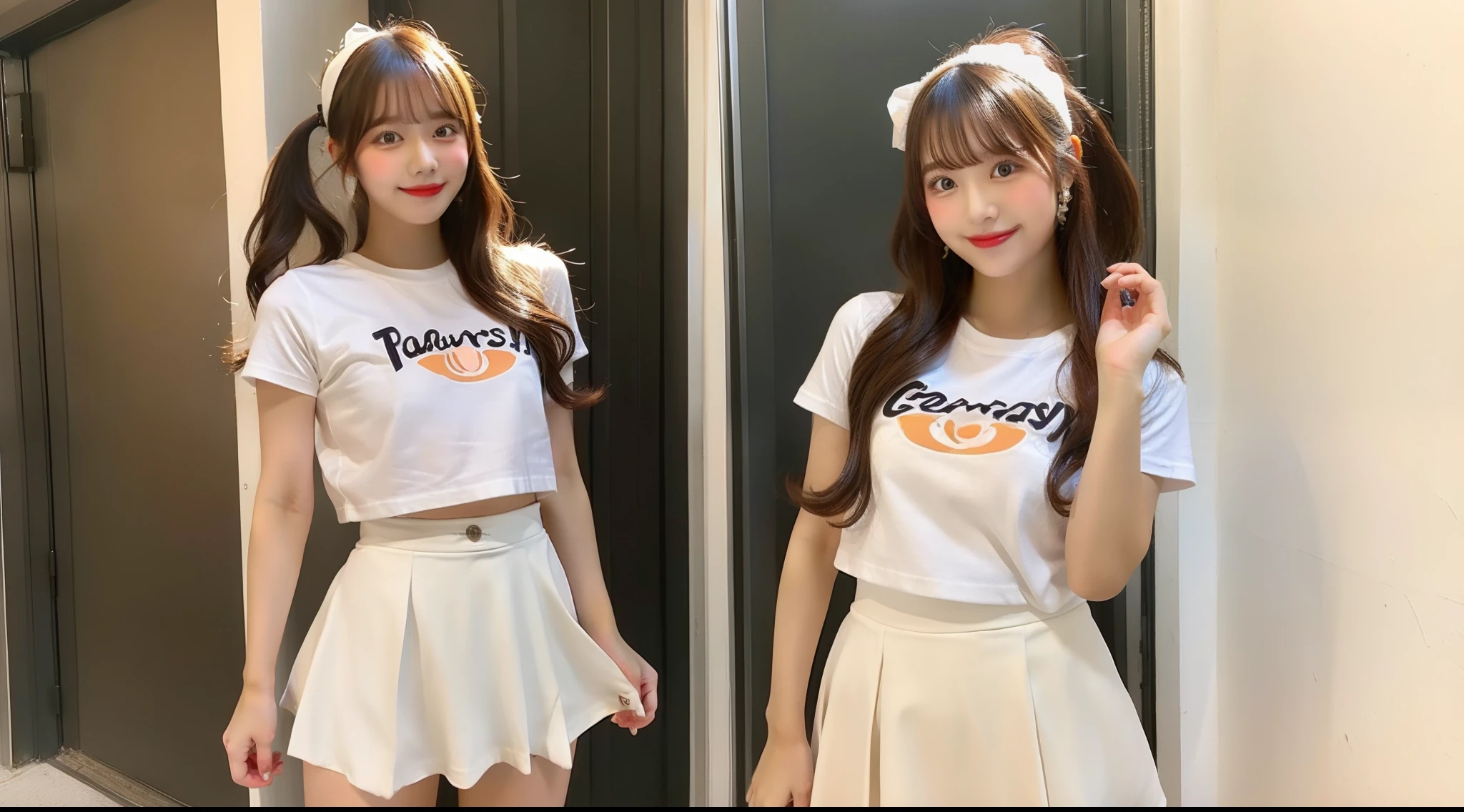 Cheergirl in peachy mini skirt wearing white t-shirt