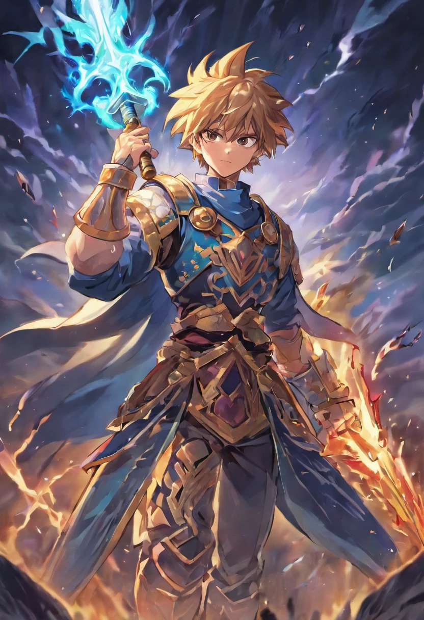 Anime drawing of a knight with a sword and thunder on his back, Thunderbolt summons armor, Dragon Knight,A ruler who looks down at the sky, the god of chaos, electrical arcs, the sky with clouds, The legendary god holds a giant hammer, Multiple types of lightning, A divine beast that looks dazzling, beautiful male god of death, yugioh art style, drachenlord，Look to the right，Hand-held giant hammer