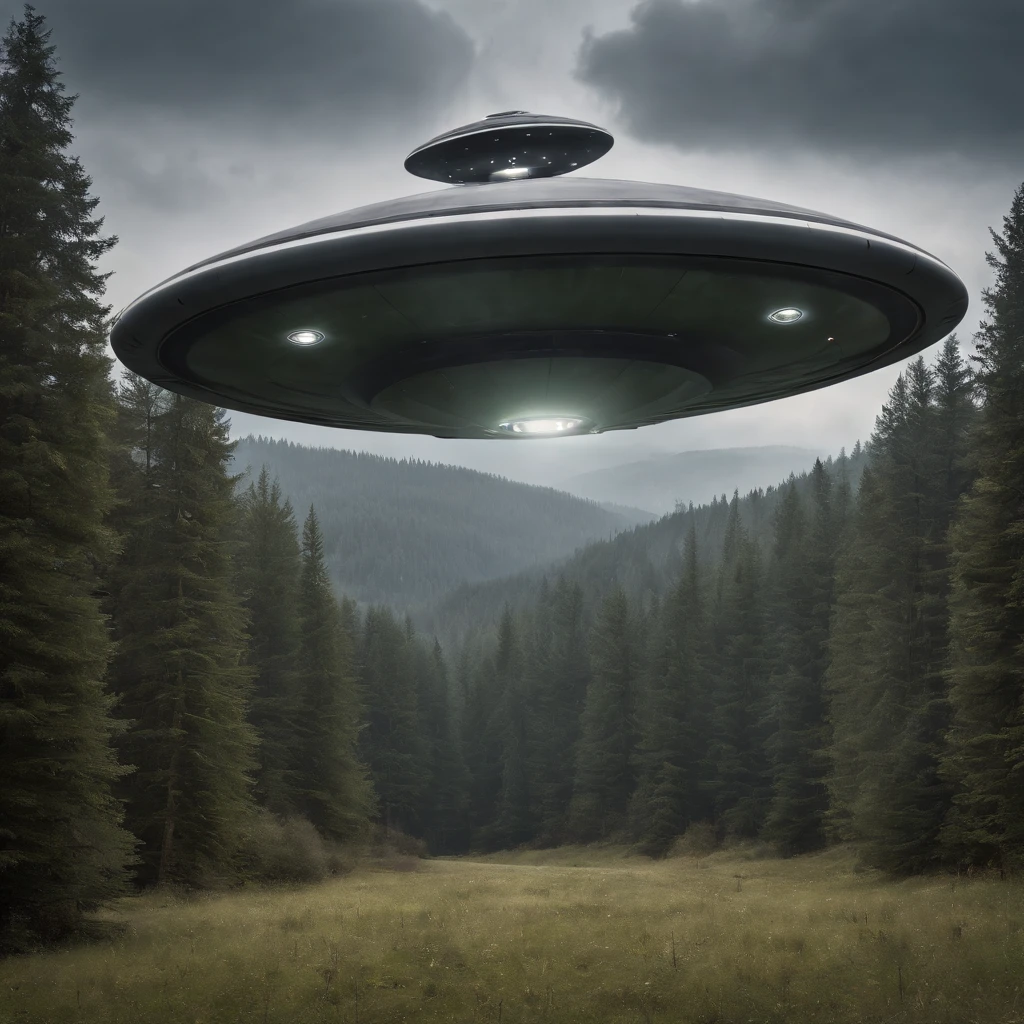 Et gray com grandes olhos negros, In the background a large flying saucer with several lights illuminating the forest, Cinematic art and high resolution.