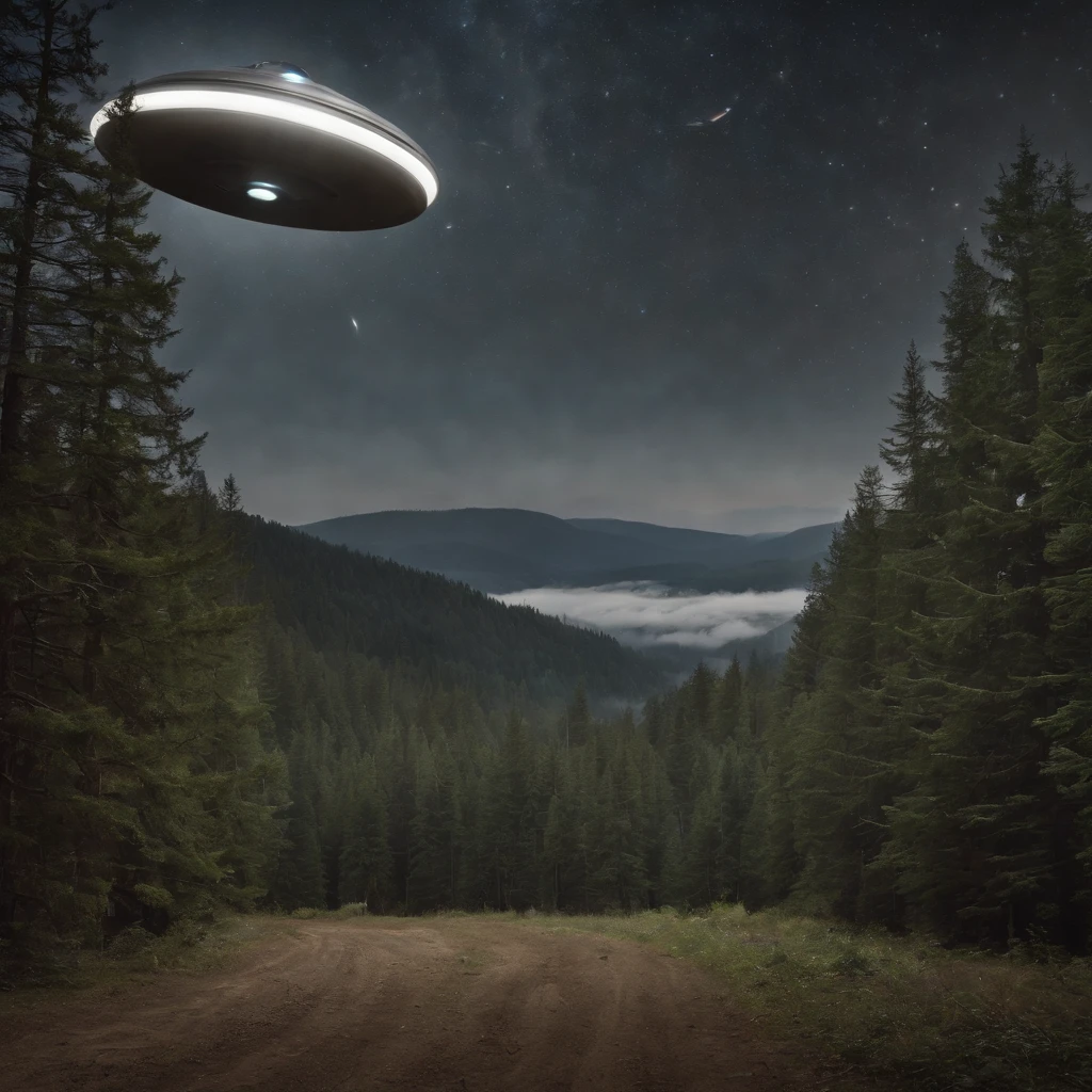 Et gray com grandes olhos negros, In the background a large flying saucer with several lights illuminating the forest, Cinematic art and high resolution.