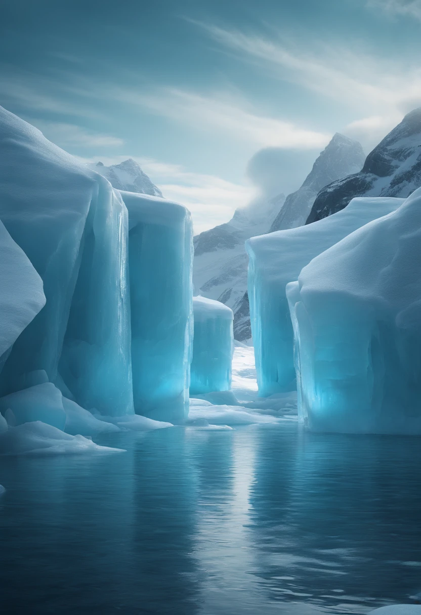 closeup cinematic aquatic scene, pillars of ice background, 3 d render and matte painting, luminescent matte painting, organic matte painting, Icebergs, surreal frozen landscape, animated still, icey tundra background, closeup fantasy with water magic, beautiful composition 3 - d 4 k, Blue-Ice, animated movie still