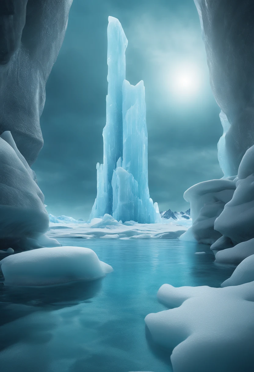 closeup cinematic aquatic scene, pillars of ice background, 3 d render and matte painting, luminescent matte painting, organic matte painting, Icebergs, surreal frozen landscape, animated still, icey tundra background, closeup fantasy with water magic, beautiful composition 3 - d 4 k, Blue-Ice, animated movie still