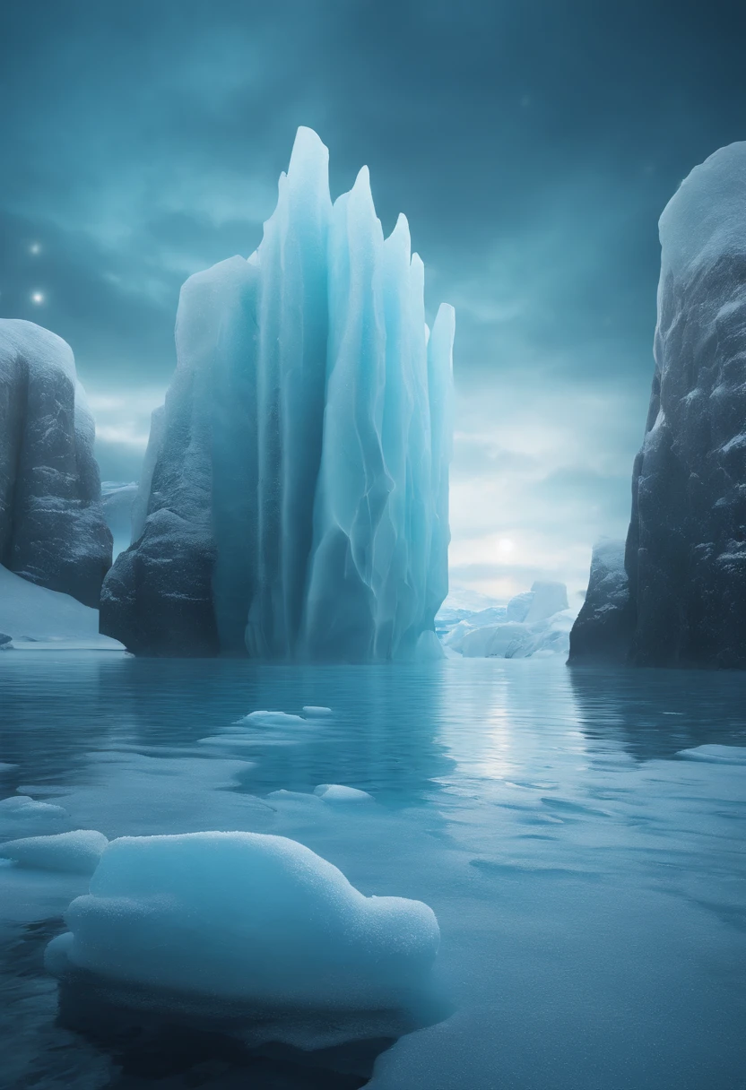closeup cinematic aquatic scene, pillars of ice background, 3 d render and matte painting, luminescent matte painting, organic matte painting, Icebergs, surreal frozen landscape, animated still, icey tundra background, closeup fantasy with water magic, beautiful composition 3 - d 4 k, Blue-Ice, animated movie still