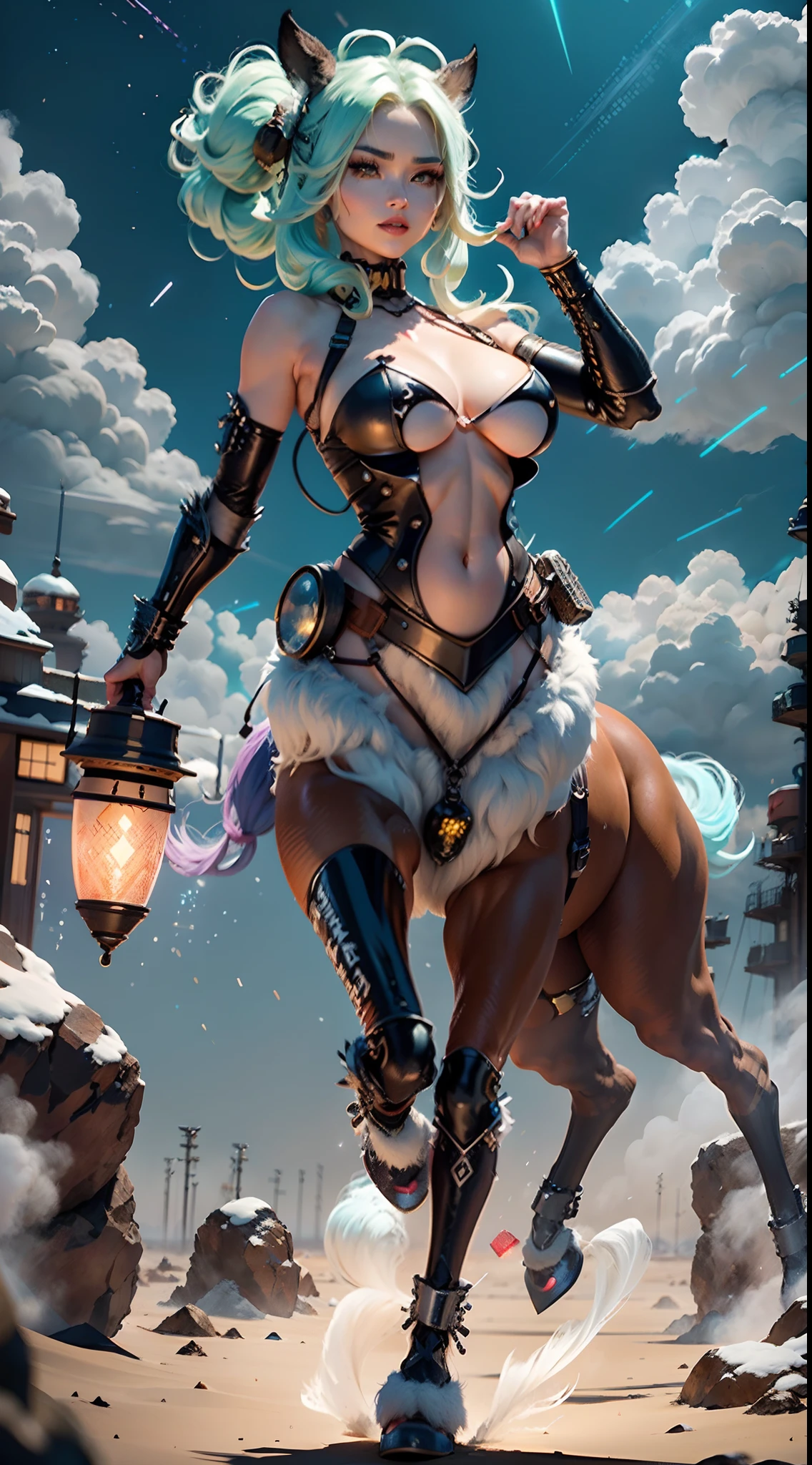 In a very grand scene，The extra-large wide-angle lens captures the appearance of a female centaur。She is tall，It has the ultimate curvy beauty，The muscles are slender and firm，Beautiful lines。Her facial features are tough and coquettish，Always with a sunny smile。She wears special tight-fitting equipment with a strong sense of technology，Step on multifunctional off-road style heels，Delicate and practical protective gear is worn on the hands, feet, wrists, neck and shoulders。The detection equipment around you flashes various cue lights and neon-like information screens，Let her exude a charming brilliance。Use Midjourney's advanced tools，Design special tight-fitting equipment for female centaurs，Highlight her unique physiological characteristics and appearance details，Add realism。And in her adventure scene，Spectacular views of nature，Such as the sky where storms and sunny days alternate、Brilliant rivers of stars and auroras、The snow-capped summit of Mount Everest、Fireworks in the mountain town, etc。ao mesmo tempo，Away from the hustle and bustle of Long Beach Pier is a neon-lit spaceship docked，Create a fantastic scene。Use Midjourney's advanced tools and multiple color palettes、Brush Strokes、Texture tools and model packages，It shows a sense of atmosphere where beauty and charm coexist。The charm of the female centaur is highlighted through color and lines，Enhance realism with detailing，Create a surreal dreamy feeling。Additionally，Use Midjourney's tools to add a variety of extreme sports gear and cultural trinkets to the female centaur，Create intricate hairstyles and outfits，Give her a sense of premium。She never flinches，Regardless of the terrain，can respond quickly，Even the extreme geography and dangerous terrain of aliens cannot stop her。Use Midjourney's powerful tools，You can do it with incredible detail and beauty，Bring this ultra-grand and beautiful scene to life。Ultra-grand scenes，super wide shot， hdr，（真实感，Masterpiece quality，best qualtiy），