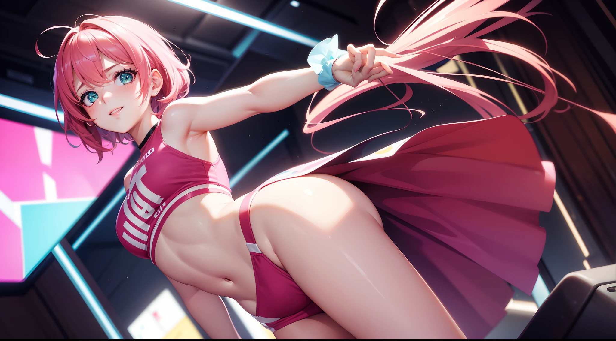 Girl, (Masterpiece), (Best Anatomy), A high resolution, Ultra-detailed, Dynamic lighting, Dynamic colors, best background, Best posture, Beautiful, Dreamy, Dream girl, Smooth skin, Shiny skin, Girl, model, model poses, Cute, Hot, Short bright pink hair, Big neon green eyes, Wide eyes, Being in the room, T-Shirt, Ultra shorts, Cute face, Young face, age uncensored,