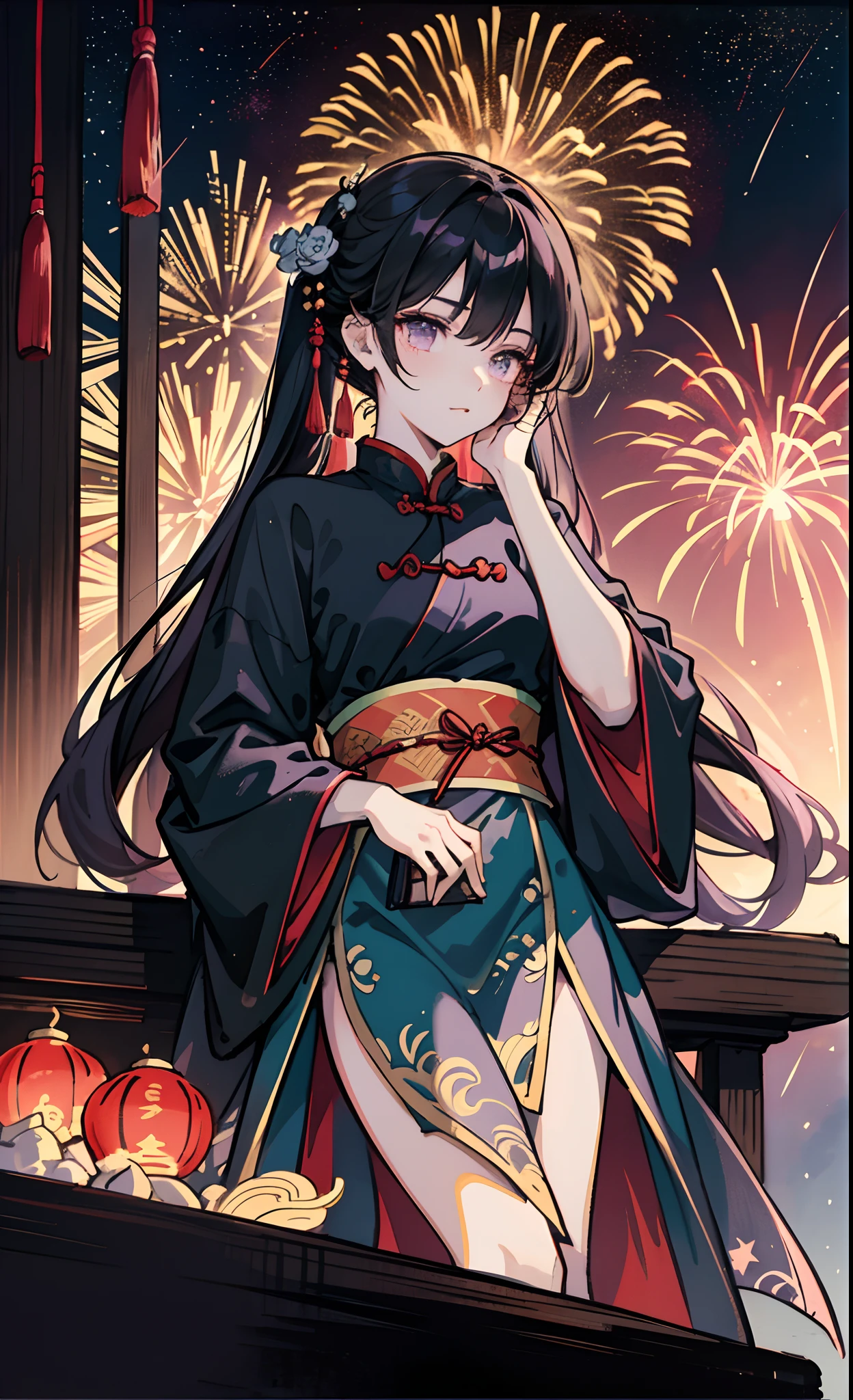 A couple，Height difference，Boys' Hanfu，Modern cheongsam for girls，The boy sits in front of the girl，The girl was standing，The girl strokes the boy's face，Chinese Valentine's Day poster design pattern, Dark tones, Red and purple, dreamy scenes, Dark,themoon, Fireworks, Starry sky, triangular composition, rich details​, Faraway view,Chinese traditional painting，Jade，lanscape，auspicious，Light background,Best quality, Pastel,Soft light,4K,ultra-wide-angle，The lens is further away，in a panoramic view