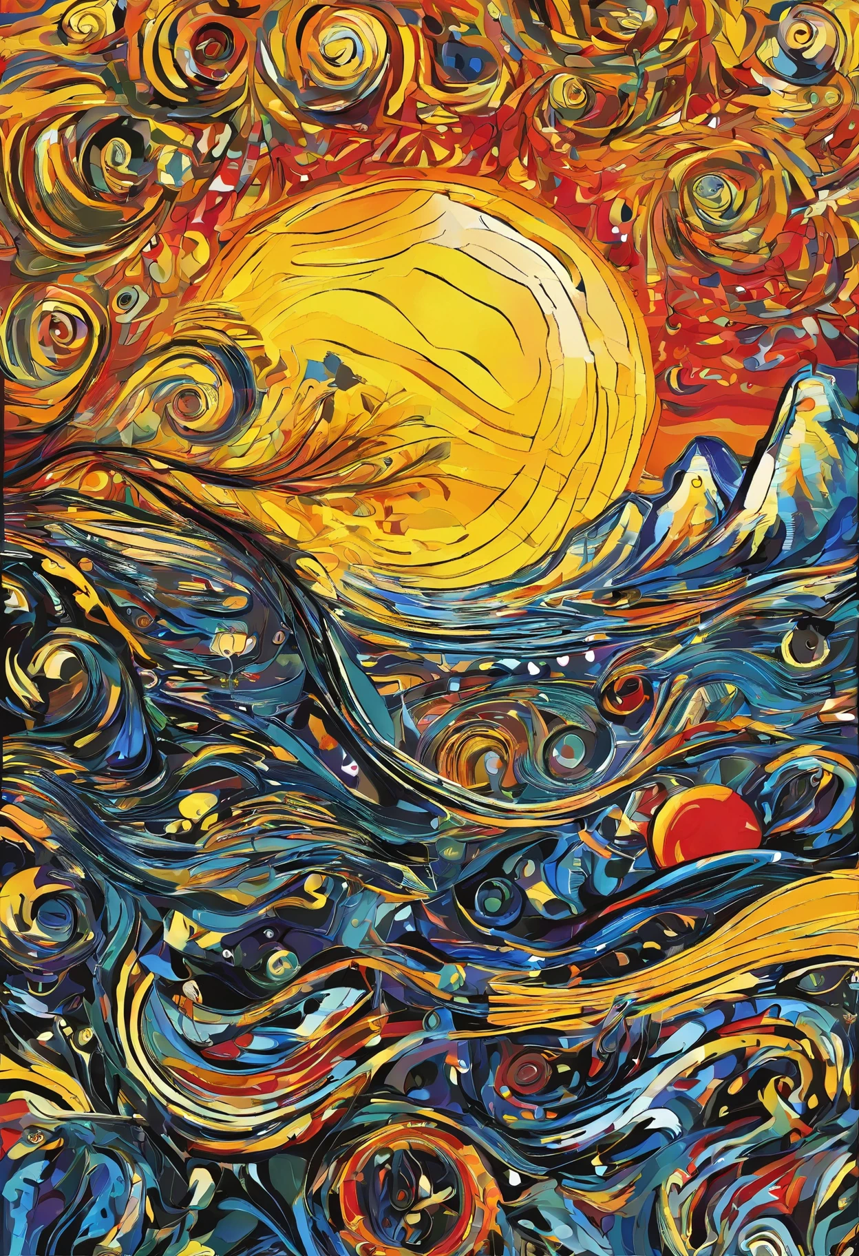 surrealist, based on Van Gogh Pieces, a golden globe sweating by the sunset, black background and mixed with a Mexican skull