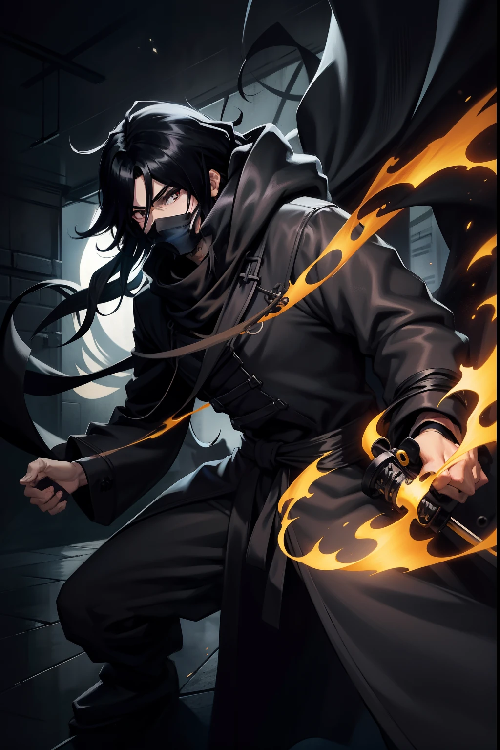 anime style, male anime character, man Black mask covering mouth, (long wavy hair), (black hair), (((black mask))),(heavy black scarf),(gas condition),(( (black overcoat))) , (night moonlight),(tanned skin tone),(holding a katana),(floor),(spectators),(fighting move),hand-drawn anime style, dynamic, full length, animation quality, ANIME icon, looking at camera face, 8k, full length, best background, masterpiece, awesome titles, ultra hd|, insane title, perfect hands